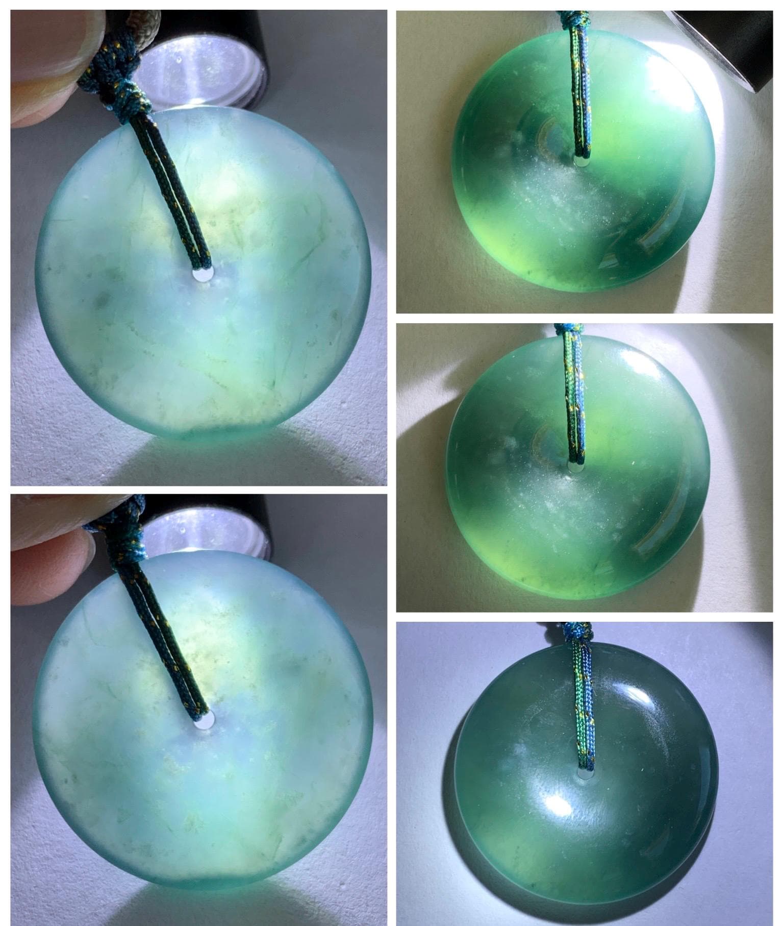 Certified Natural Grade A Guatemalan Icy Translucent Dark Blue Jade Jadeite Ping An Kou Donut Pendant Rope Necklace 25” 天然冰胶危深蓝绿翡翠平安扣吊坠 452