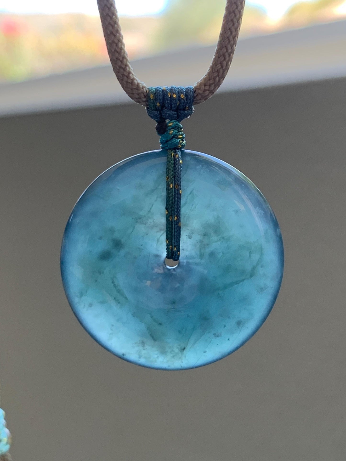 Certified Natural Grade A Guatemalan Icy Translucent Dark Blue Jade Jadeite Ping An Kou Donut Pendant Rope Necklace 25” 天然冰胶危深蓝绿翡翠平安扣吊坠 452