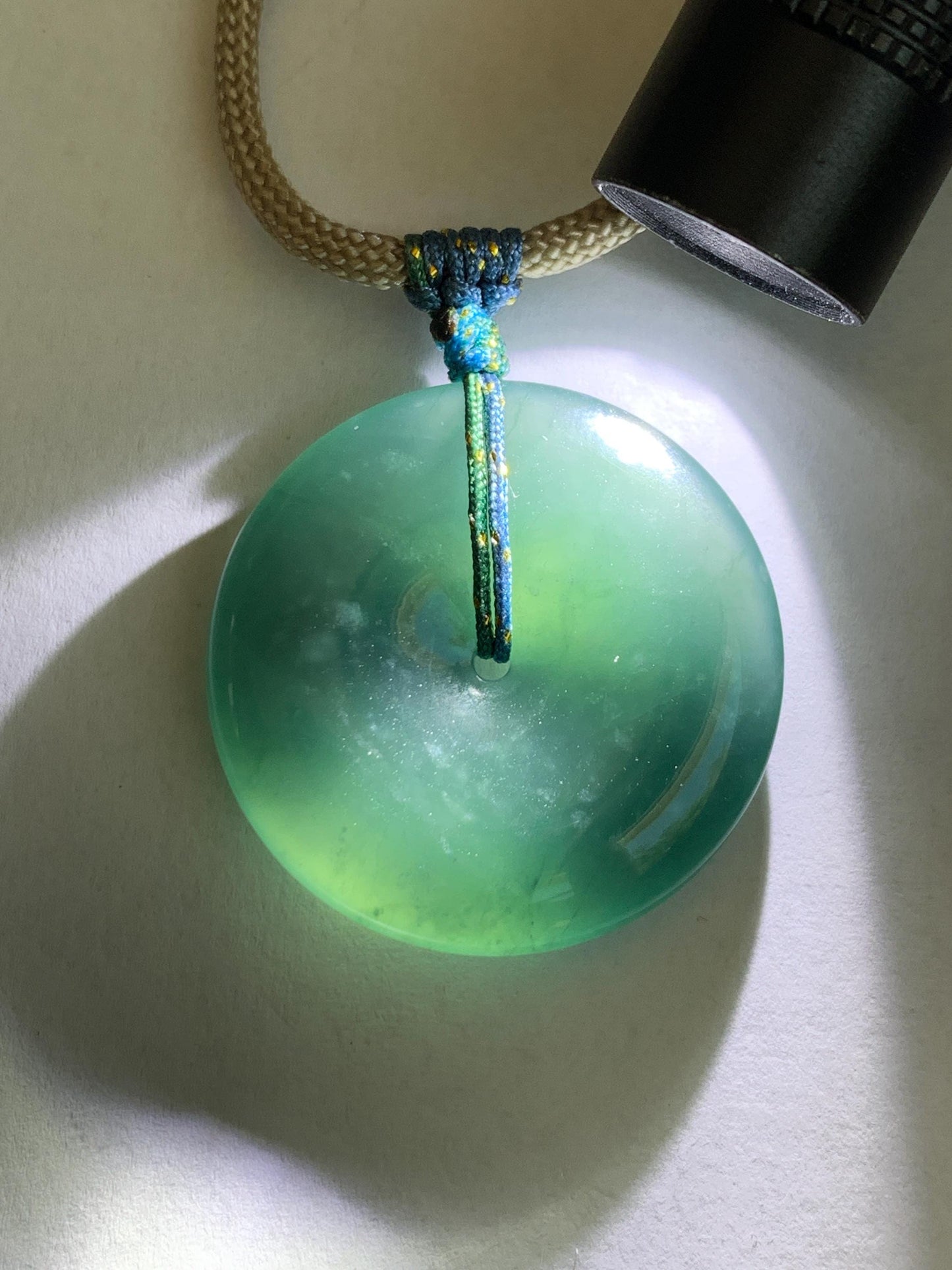 Certified Natural Grade A Guatemalan Icy Translucent Dark Blue Jade Jadeite Ping An Kou Donut Pendant Rope Necklace 25” 天然冰胶危深蓝绿翡翠平安扣吊坠 452