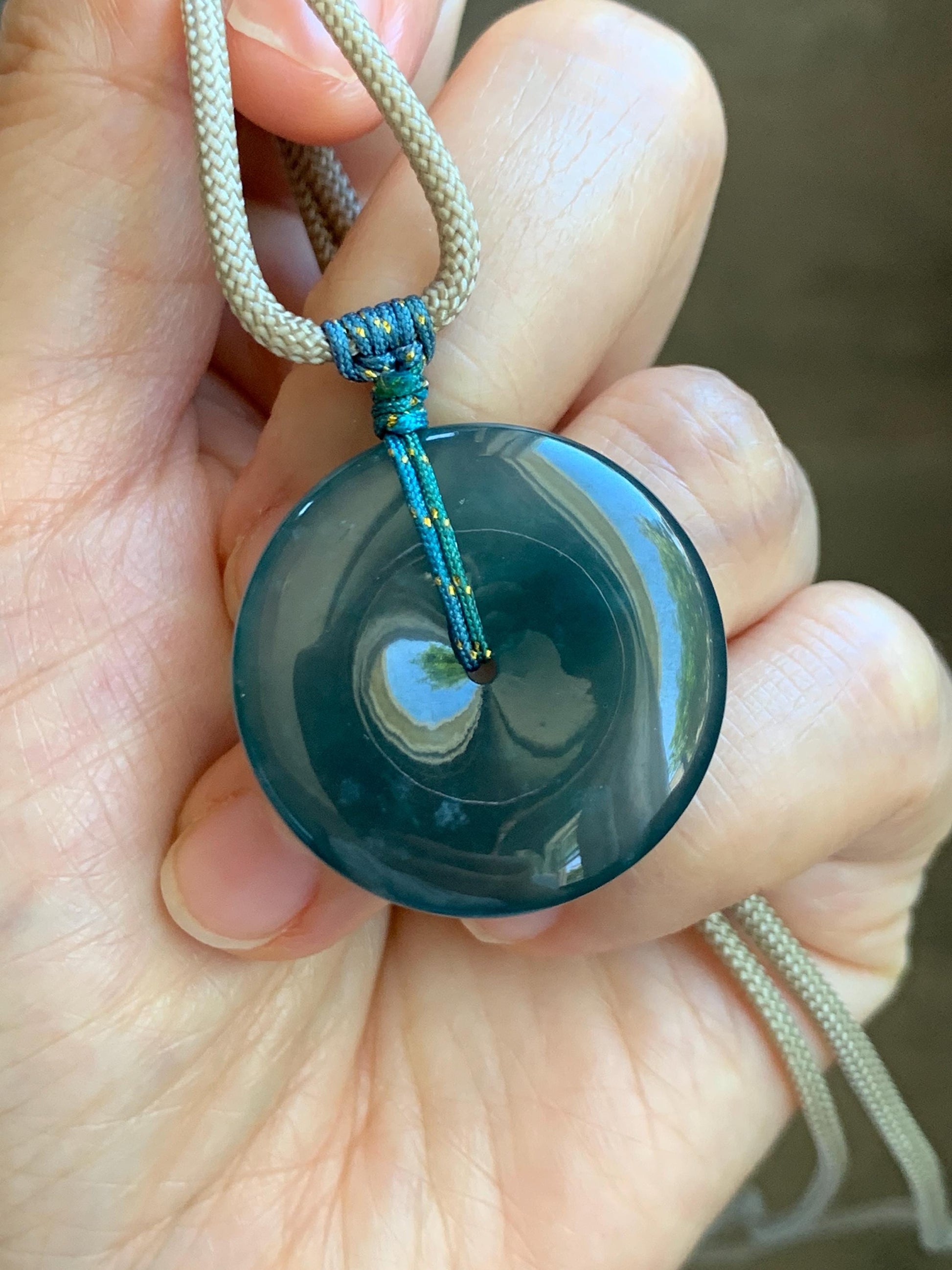 Certified Natural Grade A Guatemalan Icy Translucent Dark Blue Jade Jadeite Ping An Kou Donut Pendant Rope Necklace 25” 天然冰胶危深蓝绿翡翠平安扣吊坠 452