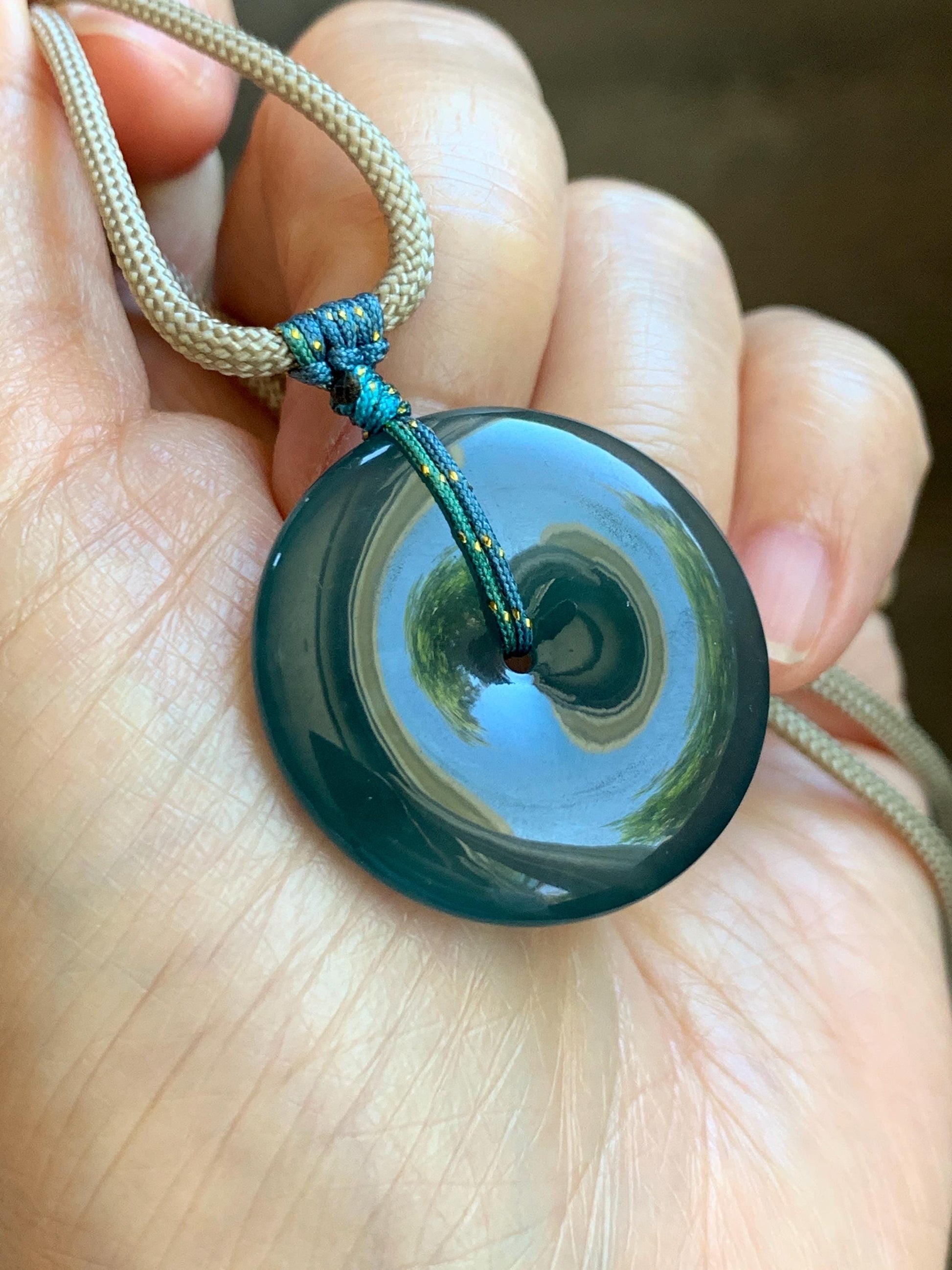 Certified Natural Grade A Guatemalan Icy Translucent Dark Blue Jade Jadeite Ping An Kou Donut Pendant Rope Necklace 25” 天然冰胶危深蓝绿翡翠平安扣吊坠 452