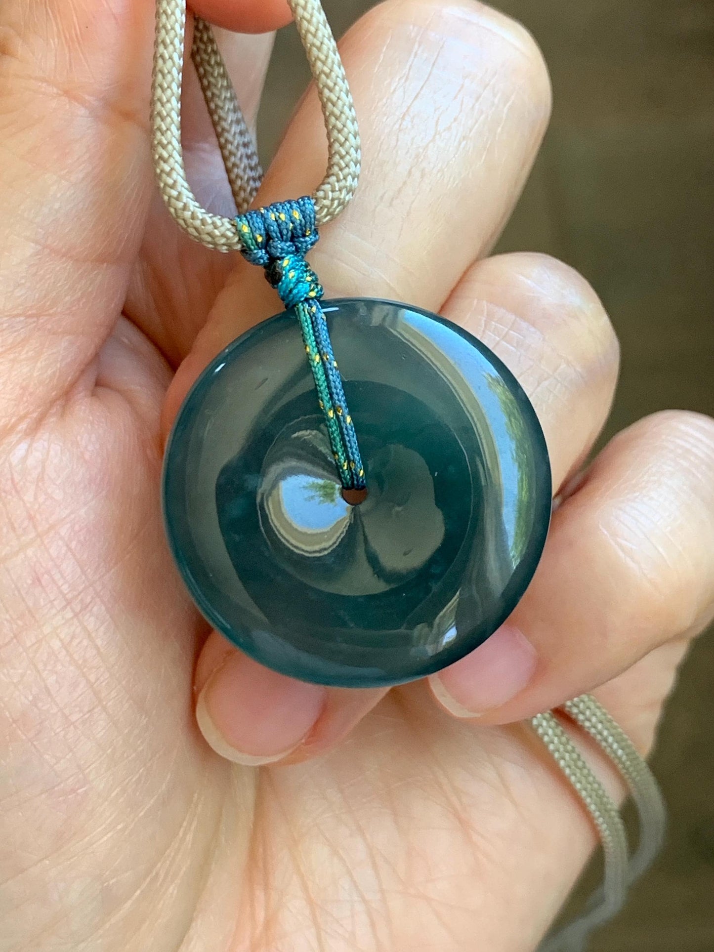 Certified Natural Grade A Guatemalan Icy Translucent Dark Blue Jade Jadeite Ping An Kou Donut Pendant Rope Necklace 25” 天然冰胶危深蓝绿翡翠平安扣吊坠 452