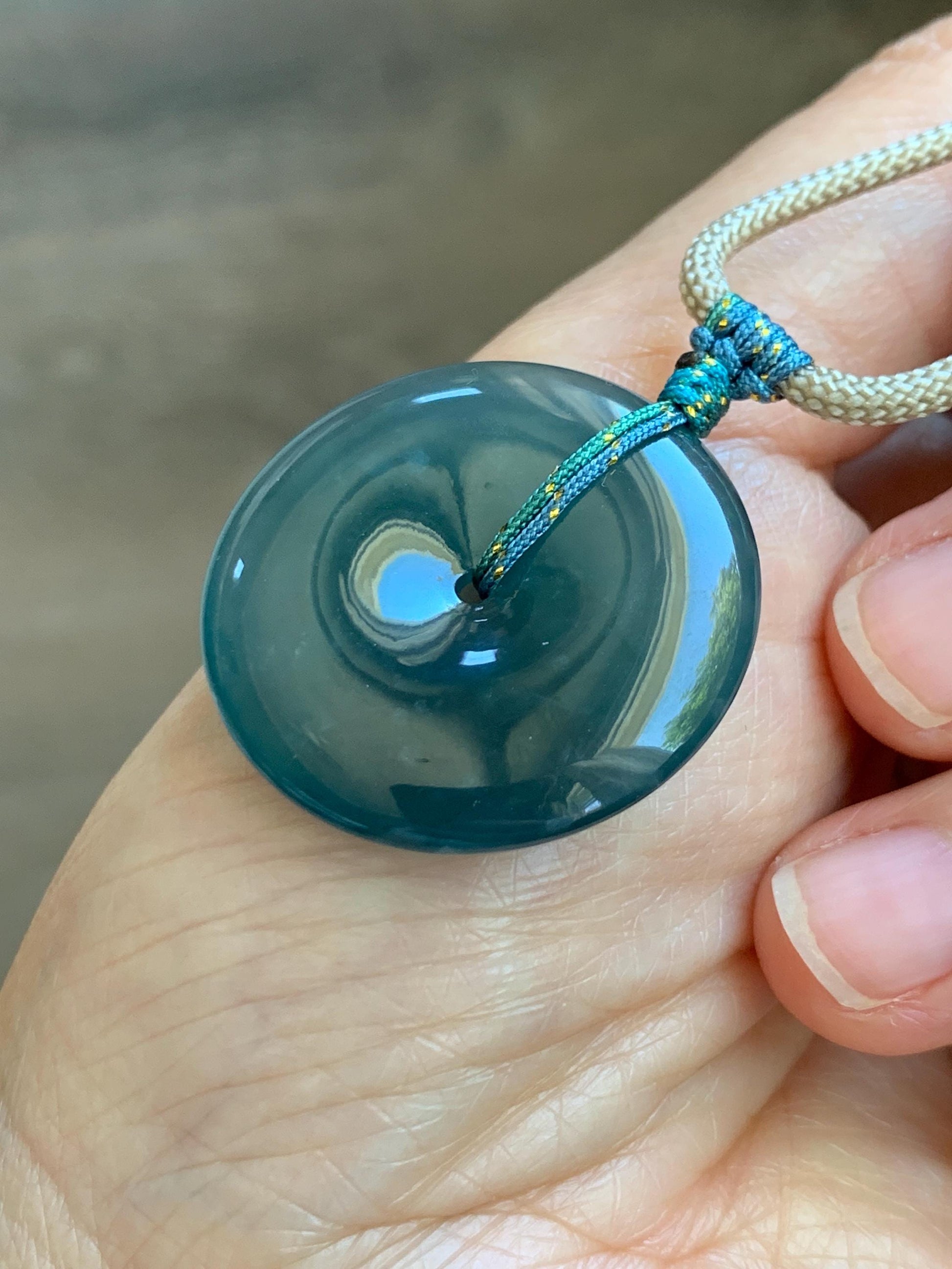 Certified Natural Grade A Guatemalan Icy Translucent Dark Blue Jade Jadeite Ping An Kou Donut Pendant Rope Necklace 25” 天然冰胶危深蓝绿翡翠平安扣吊坠 452