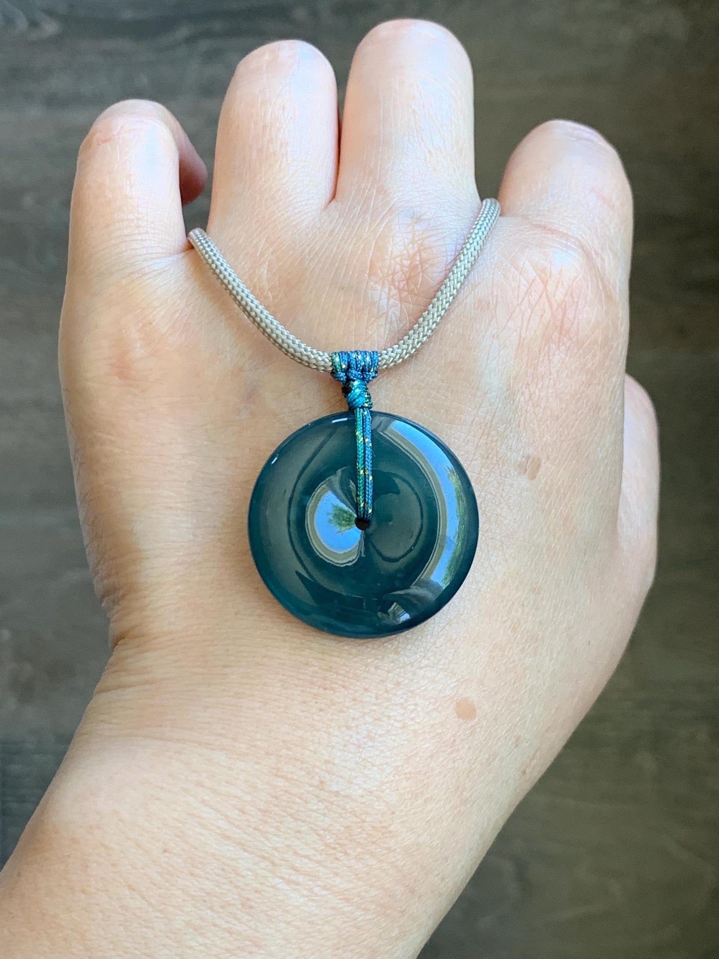 Certified Natural Grade A Guatemalan Icy Translucent Dark Blue Jade Jadeite Ping An Kou Donut Pendant Rope Necklace 25” 天然冰胶危深蓝绿翡翠平安扣吊坠 452