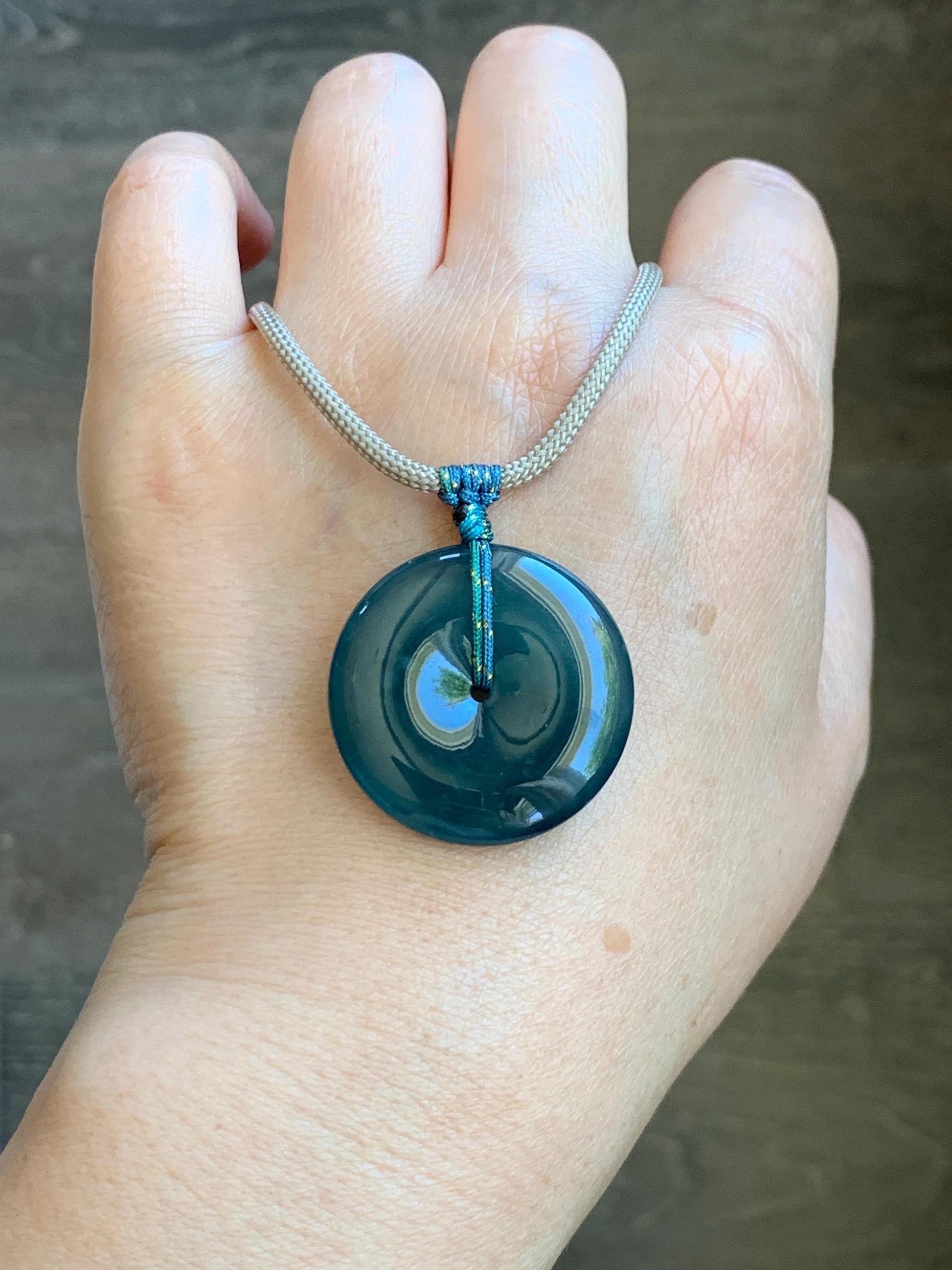 Certified Natural Grade A Guatemalan Icy Translucent Dark Blue Jade Jadeite Ping An Kou Donut Pendant Rope Necklace 25” 天然冰胶危深蓝绿翡翠平安扣吊坠 452