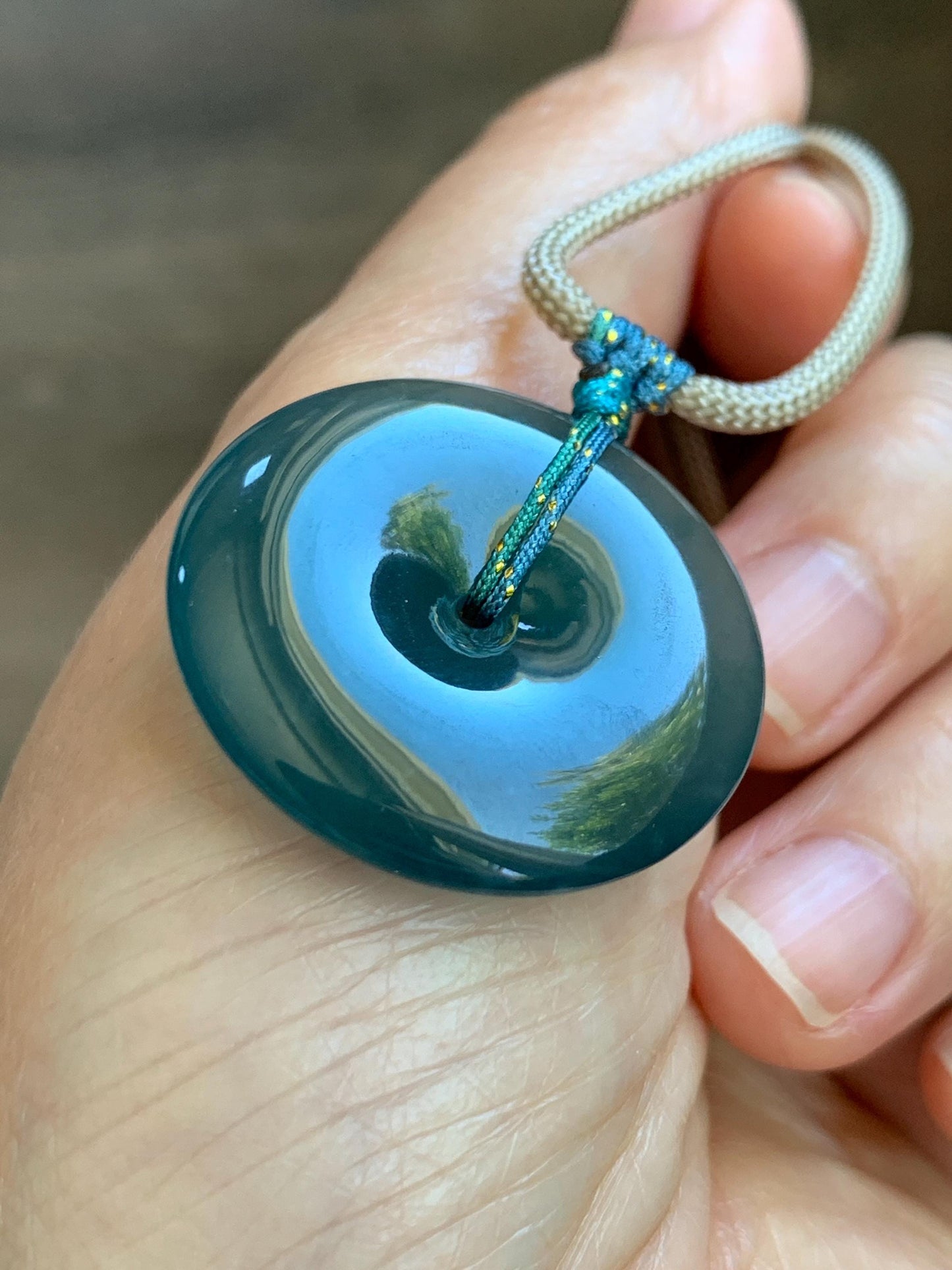 Certified Natural Grade A Guatemalan Icy Translucent Dark Blue Jade Jadeite Ping An Kou Donut Pendant Rope Necklace 25” 天然冰胶危深蓝绿翡翠平安扣吊坠 452