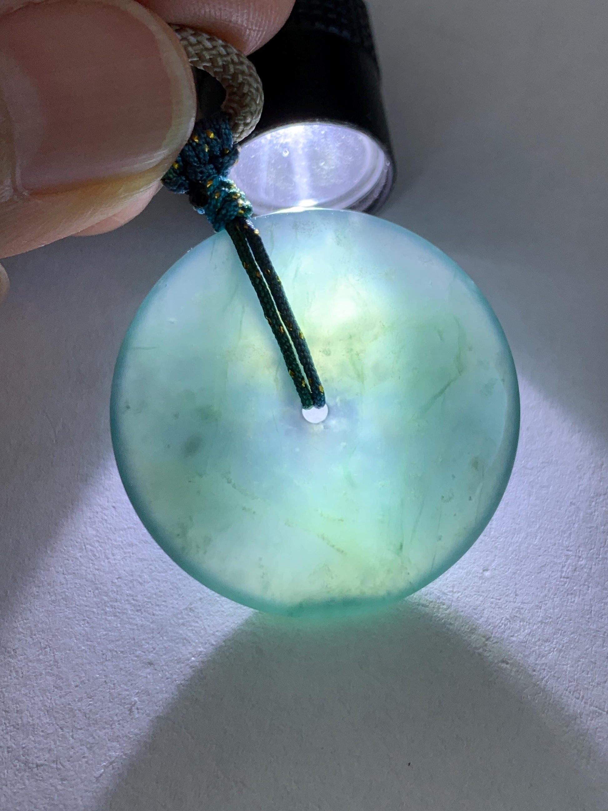 Certified Natural Grade A Guatemalan Icy Translucent Dark Blue Jade Jadeite Ping An Kou Donut Pendant Rope Necklace 25” 天然冰胶危深蓝绿翡翠平安扣吊坠 452