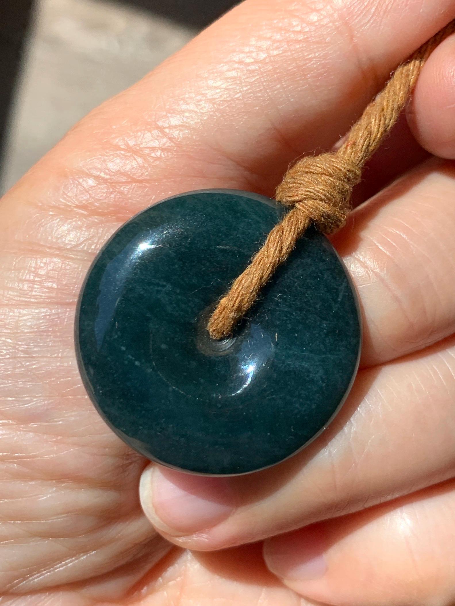 Natural Grade A Guatemalan Icy Translucent Deep Teal Blue Jade Jadeite Ping An Kou Donut Pendant Rope Necklace 26” 14g 天然冰胶危深老蓝水翡翠平安扣吊坠WOU-A