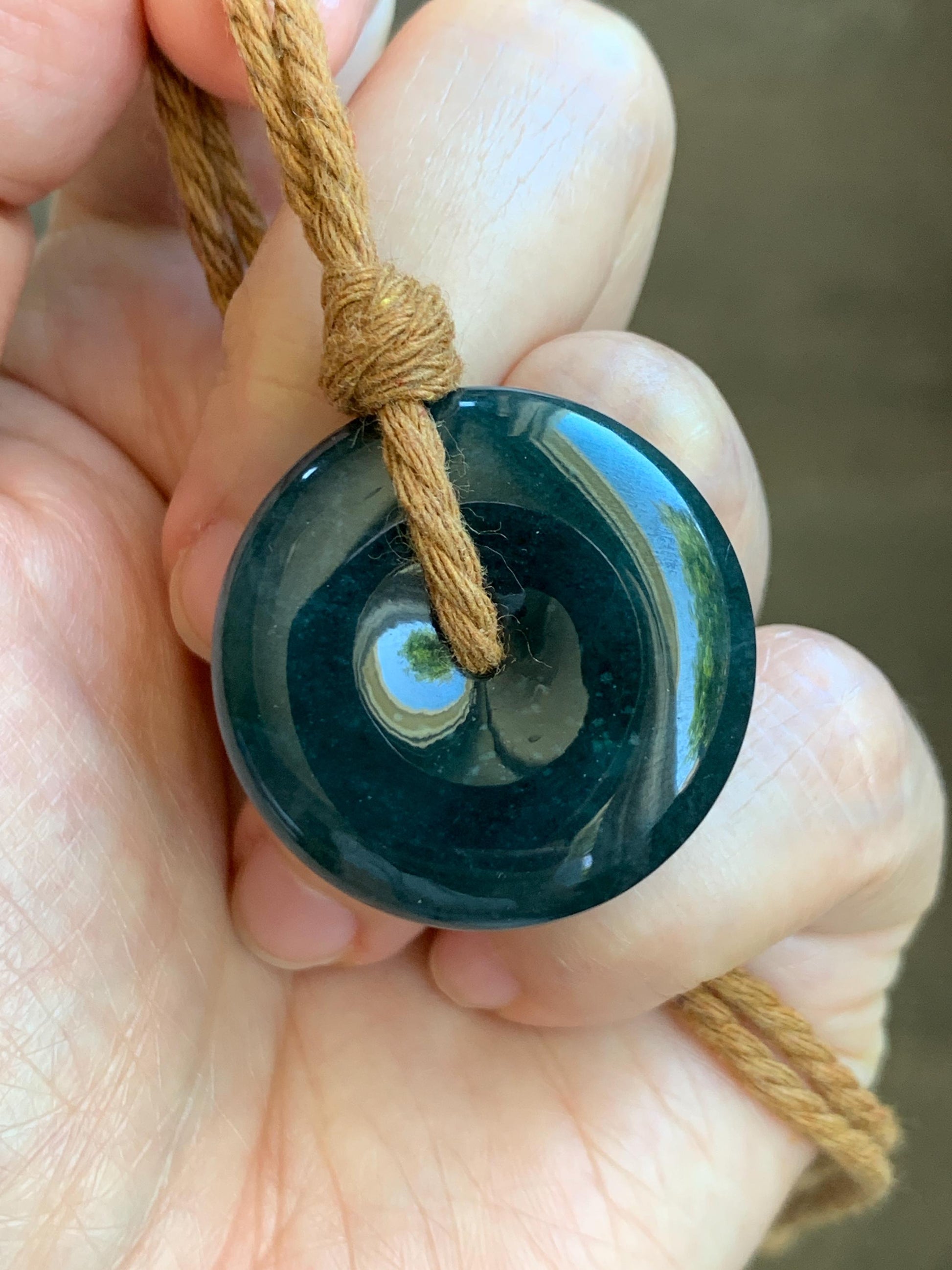 Natural Grade A Guatemalan Icy Translucent Deep Teal Blue Jade Jadeite Ping An Kou Donut Pendant Rope Necklace 26” 14g 天然冰胶危深老蓝水翡翠平安扣吊坠WOU-A