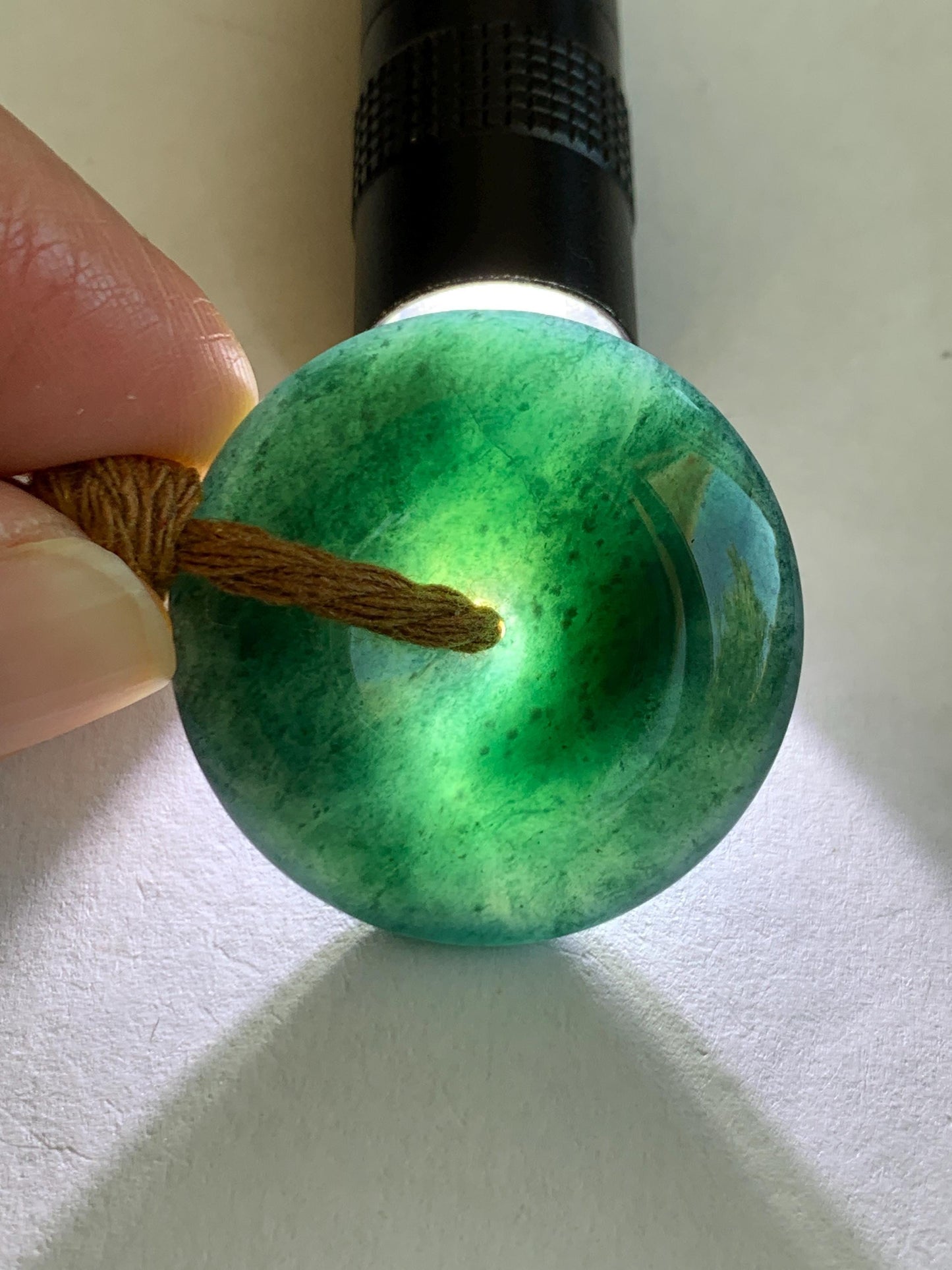 Natural Grade A Guatemalan Icy Translucent Deep Teal Blue Jade Jadeite Ping An Kou Donut Pendant Rope Necklace 26” 14g 天然冰胶危深老蓝水翡翠平安扣吊坠WOU-A