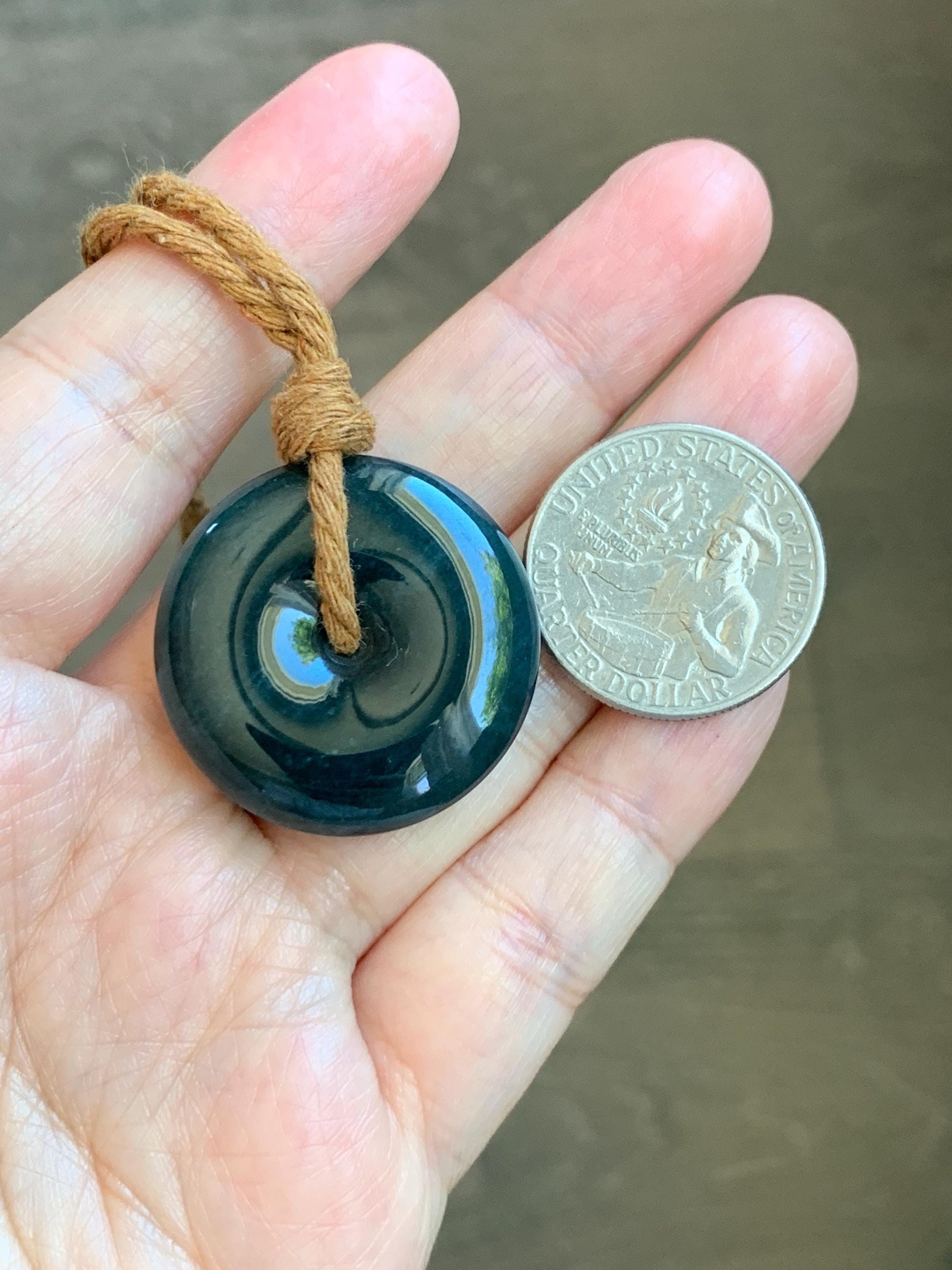 Natural Grade A Guatemalan Icy Translucent Deep Teal Blue Jade Jadeite Ping An Kou Donut Pendant Rope Necklace 26” 14g 天然冰胶危深老蓝水翡翠平安扣吊坠WOU-A