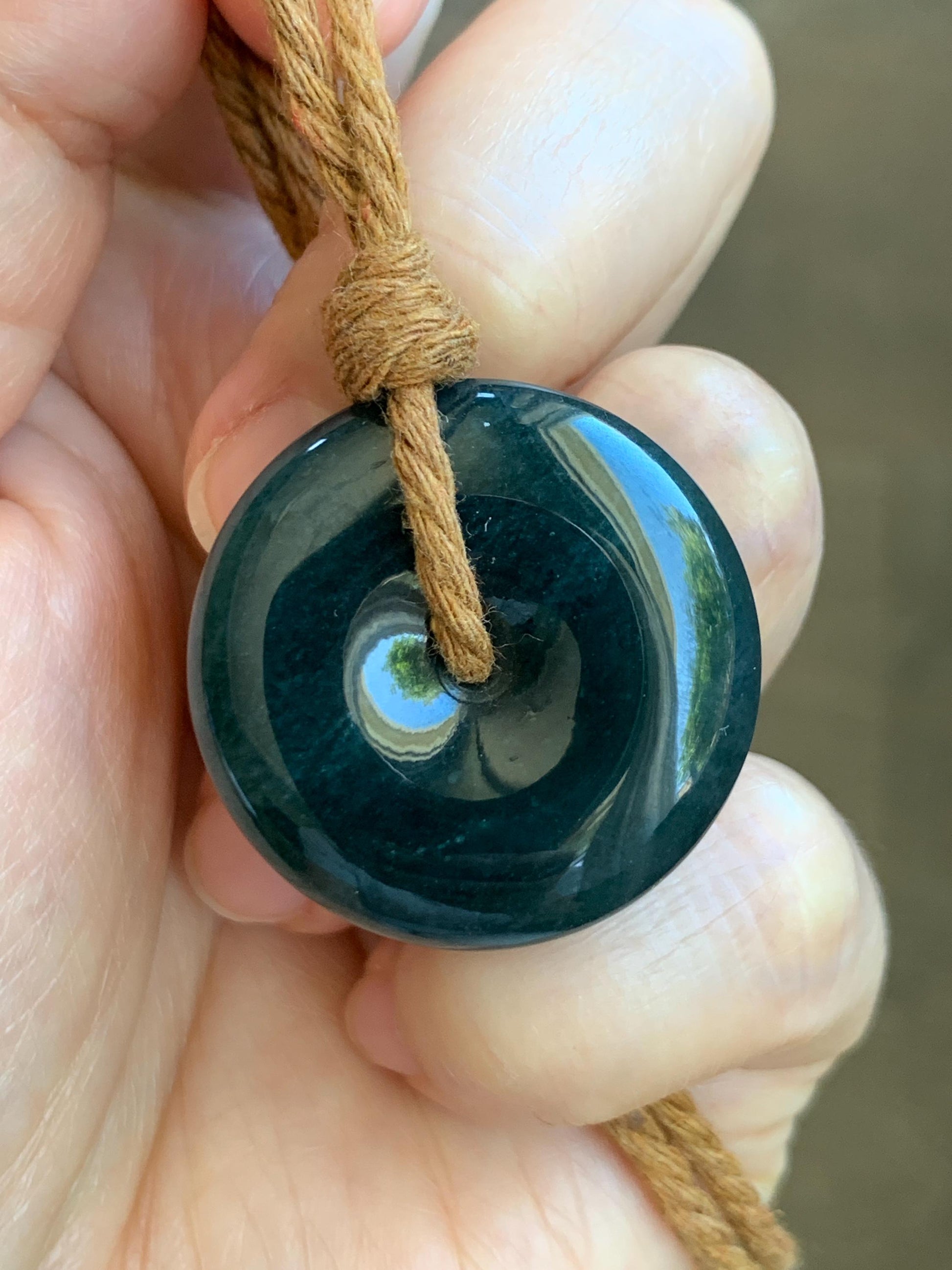 Natural Grade A Guatemalan Icy Translucent Deep Teal Blue Jade Jadeite Ping An Kou Donut Pendant Rope Necklace 26” 14g 天然冰胶危深老蓝水翡翠平安扣吊坠WOU-A
