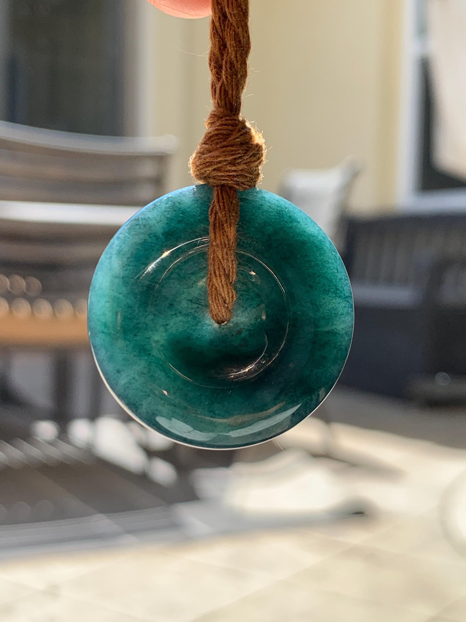 Natural Grade A Guatemalan Icy Translucent Deep Teal Blue Jade Jadeite Ping An Kou Donut Pendant Rope Necklace 26” 14g 天然冰胶危深老蓝水翡翠平安扣吊坠WOU-A