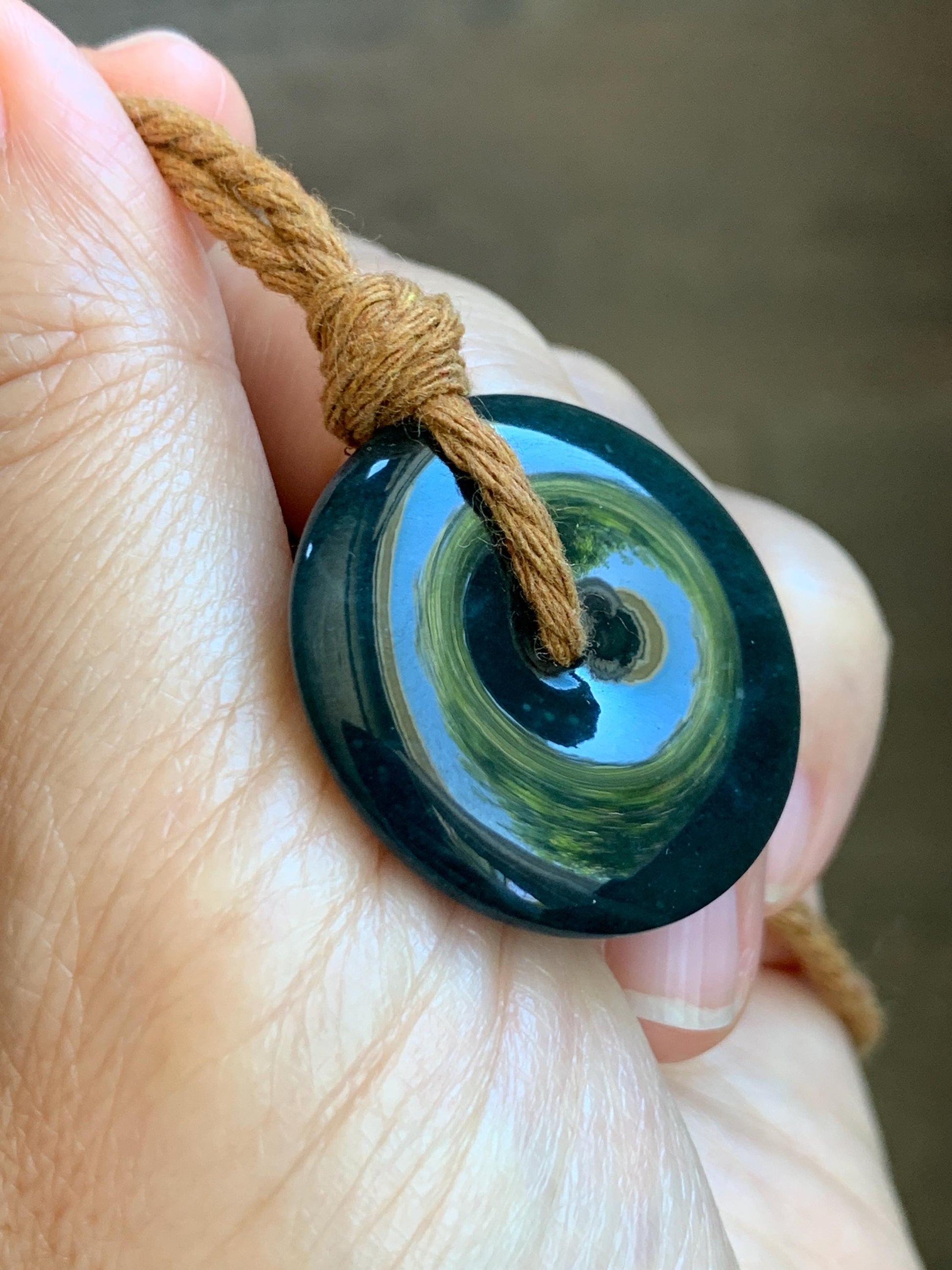Natural Grade A Guatemalan Icy Translucent Deep Teal Blue Jade Jadeite Ping An Kou Donut Pendant Rope Necklace 26” 14g 天然冰胶危深老蓝水翡翠平安扣吊坠WOU-A