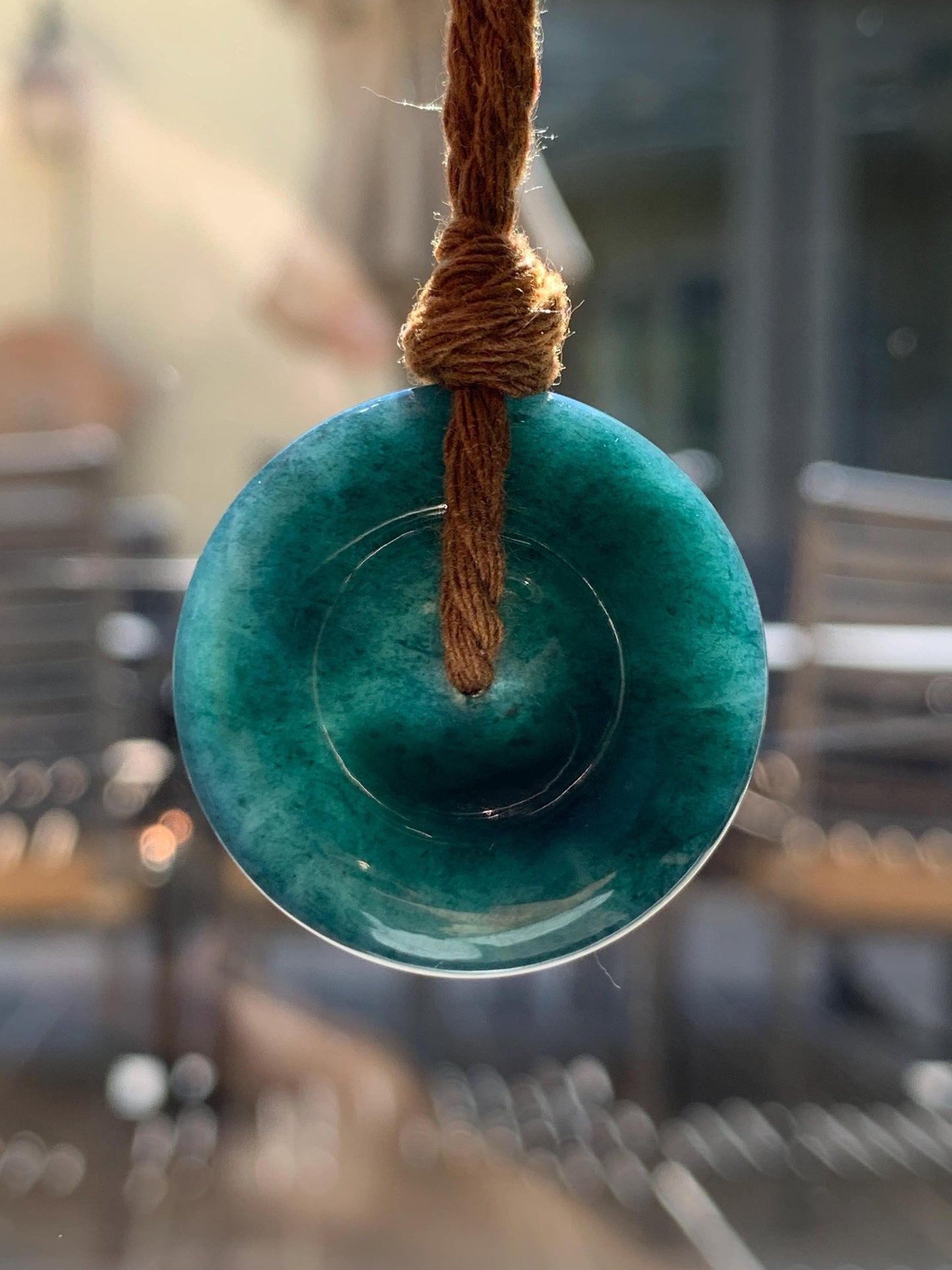 Natural Grade A Guatemalan Icy Translucent Deep Teal Blue Jade Jadeite Ping An Kou Donut Pendant Rope Necklace 26” 14g 天然冰胶危深老蓝水翡翠平安扣吊坠WOU-A