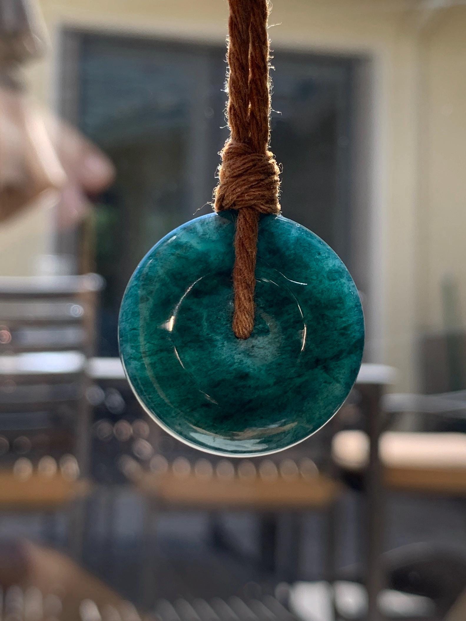 Natural Grade A Guatemalan Icy Translucent Deep Teal Blue Jade Jadeite Ping An Kou Donut Pendant Rope Necklace 26” 13g 天然冰胶危深老蓝水翡翠平安扣吊坠WOU-B