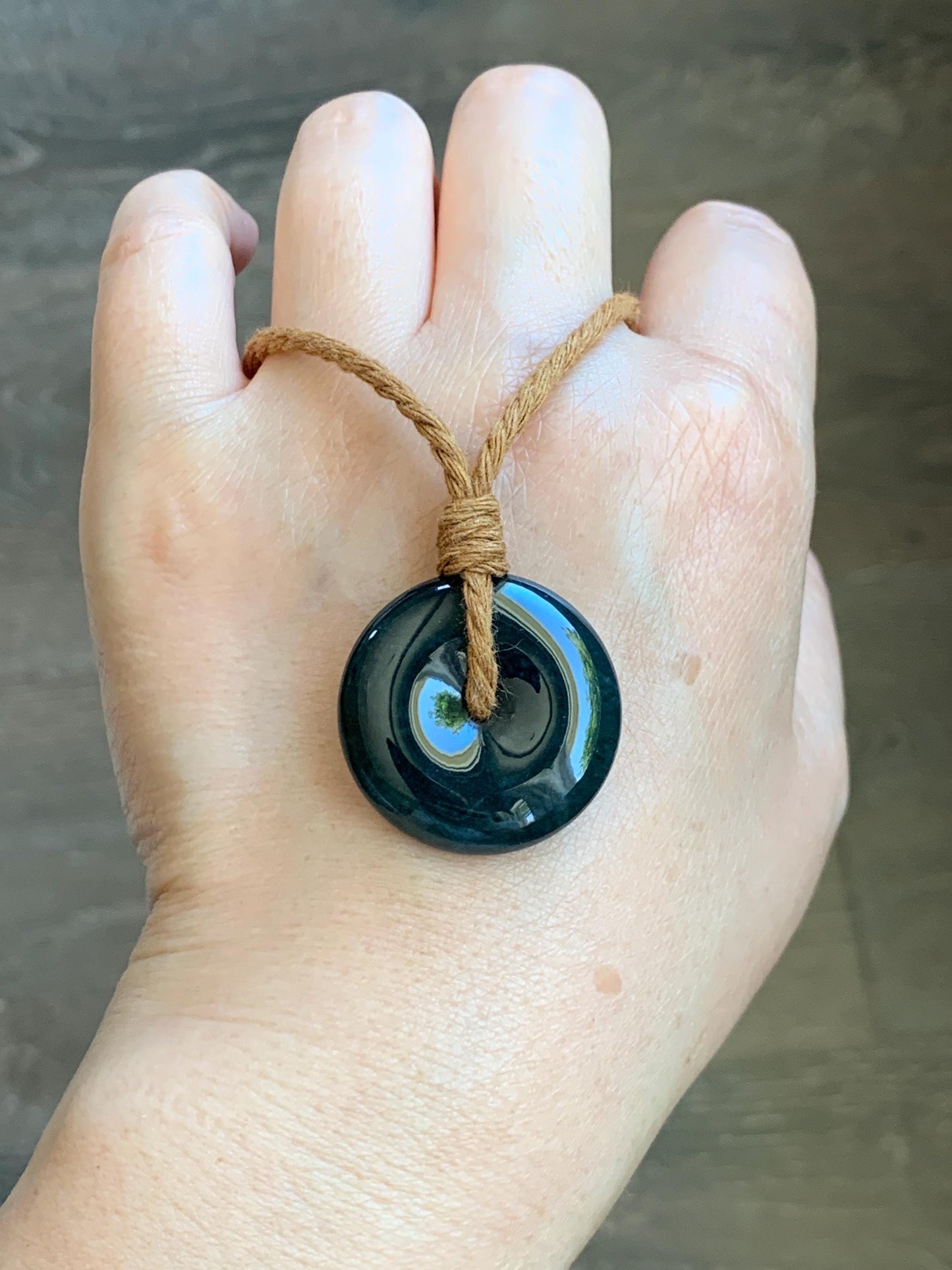 Natural Grade A Guatemalan Icy Translucent Deep Teal Blue Jade Jadeite Ping An Kou Donut Pendant Rope Necklace 26” 13g 天然冰胶危深老蓝水翡翠平安扣吊坠WOU-B