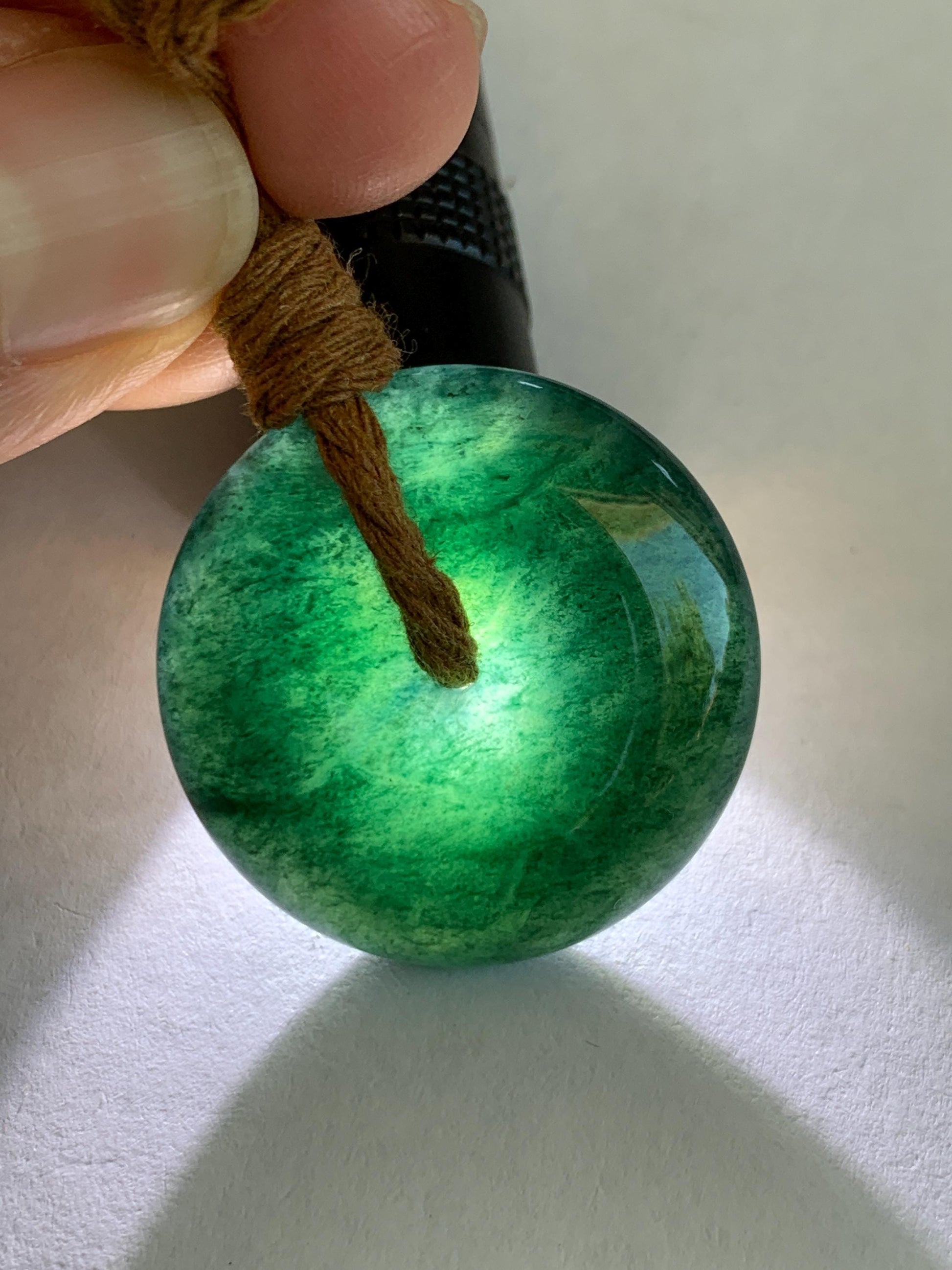 Natural Grade A Guatemalan Icy Translucent Deep Teal Blue Jade Jadeite Ping An Kou Donut Pendant Rope Necklace 26” 13g 天然冰胶危深老蓝水翡翠平安扣吊坠WOU-B