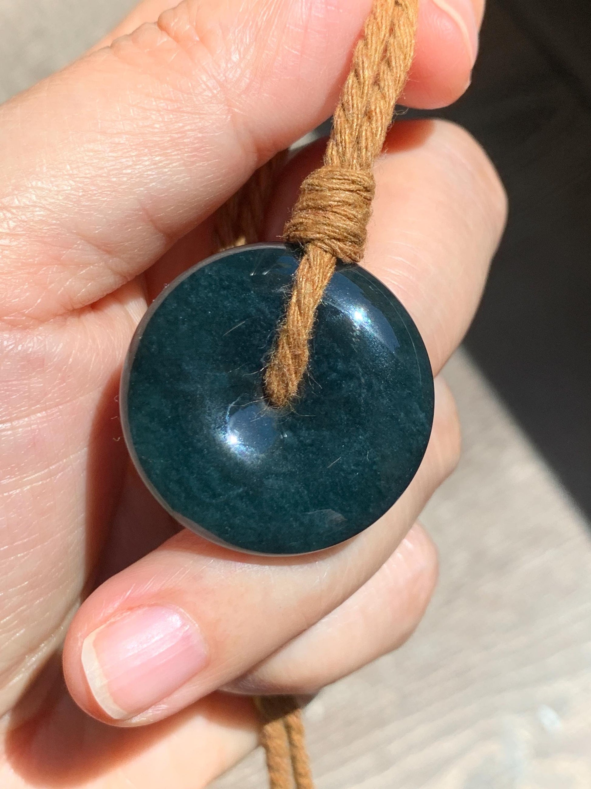 Natural Grade A Guatemalan Icy Translucent Deep Teal Blue Jade Jadeite Ping An Kou Donut Pendant Rope Necklace 26” 13g 天然冰胶危深老蓝水翡翠平安扣吊坠WOU-B