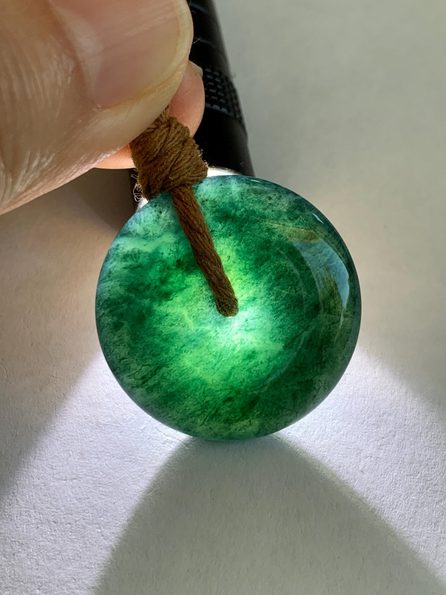 Natural Grade A Guatemalan Icy Translucent Deep Teal Blue Jade Jadeite Ping An Kou Donut Pendant Rope Necklace 26” 13g 天然冰胶危深老蓝水翡翠平安扣吊坠WOU-B