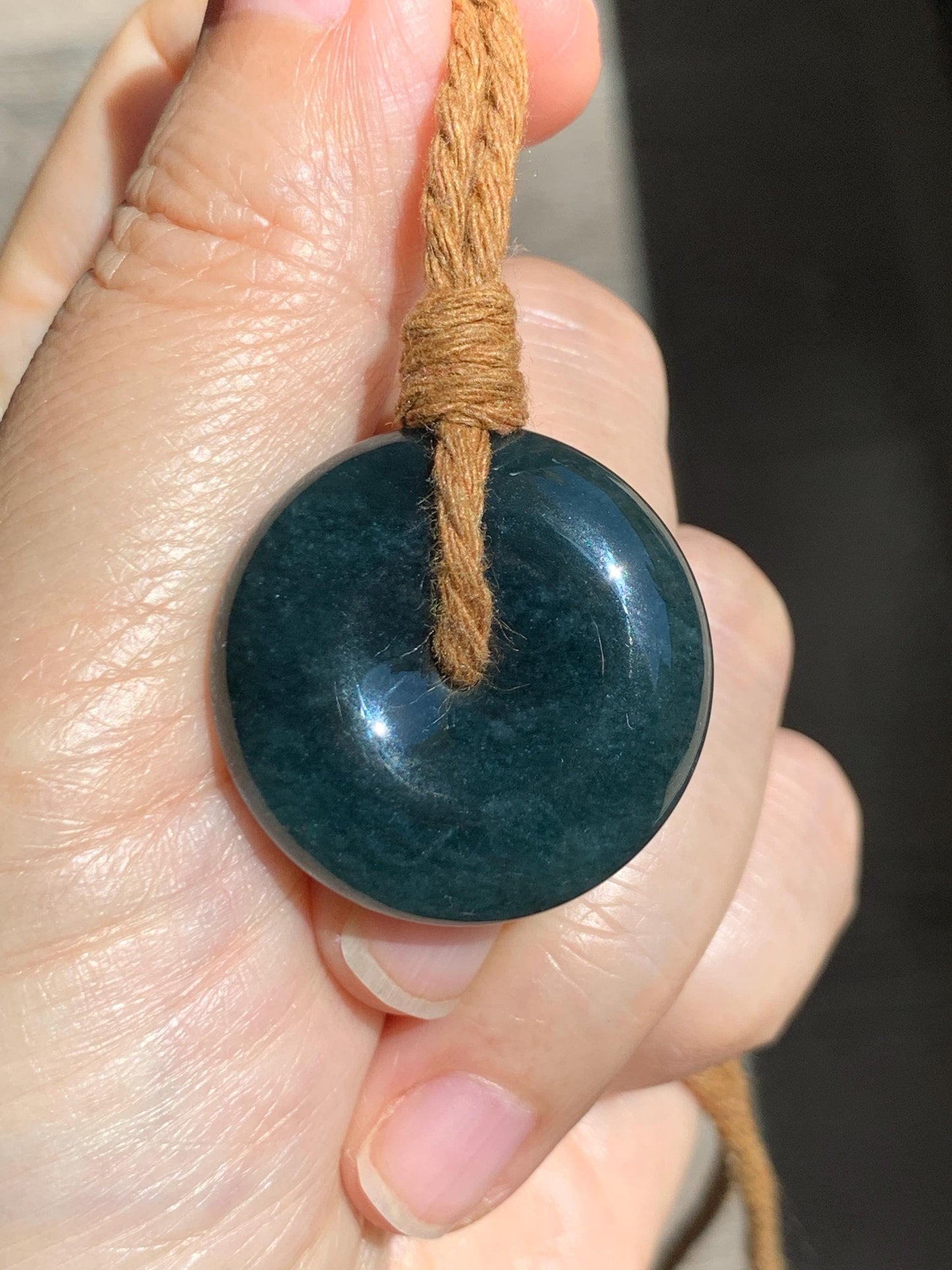 Natural Grade A Guatemalan Icy Translucent Deep Teal Blue Jade Jadeite Ping An Kou Donut Pendant Rope Necklace 26” 13g 天然冰胶危深老蓝水翡翠平安扣吊坠WOU-B