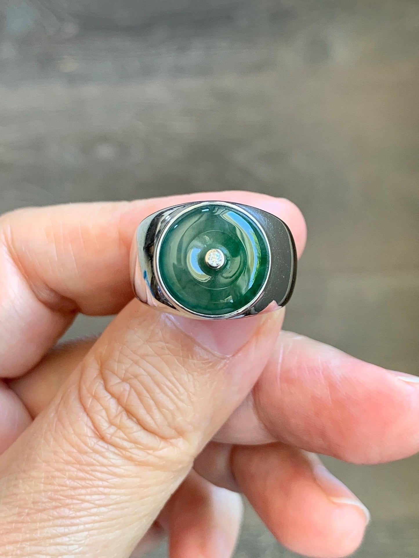 Certified Natural Grade A Icy Translucent Green Marbled Jade Jadeite Donut Ping An Kou Ring Sterling Silver Size 7.25 US 天然冰飘绿翡翠平安扣银镶戒指 237