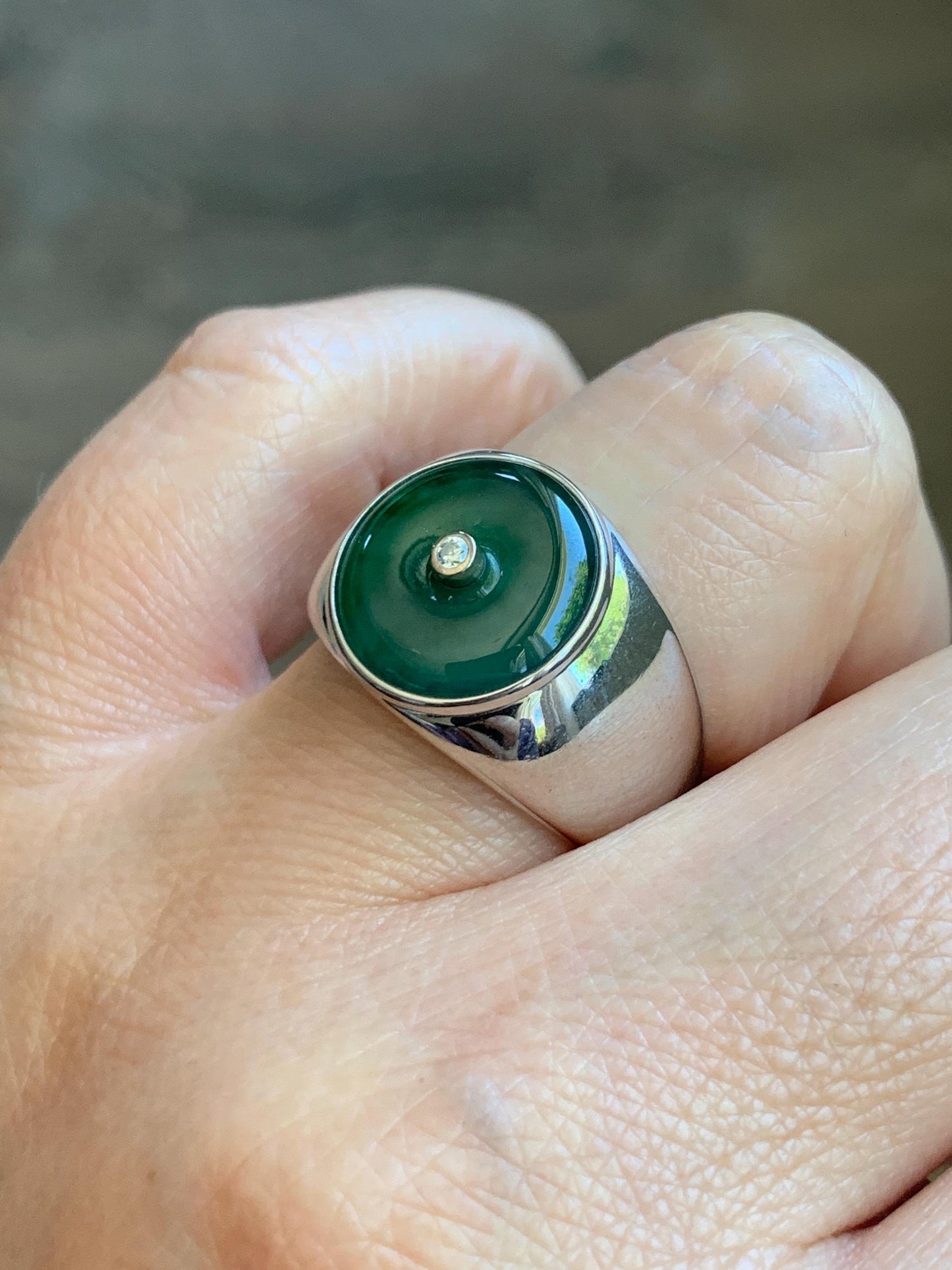 Certified Natural Grade A Icy Translucent Green Marbled Jade Jadeite Donut Ping An Kou Ring Sterling Silver Size 7.25 US 天然冰飘绿翡翠平安扣银镶戒指 237