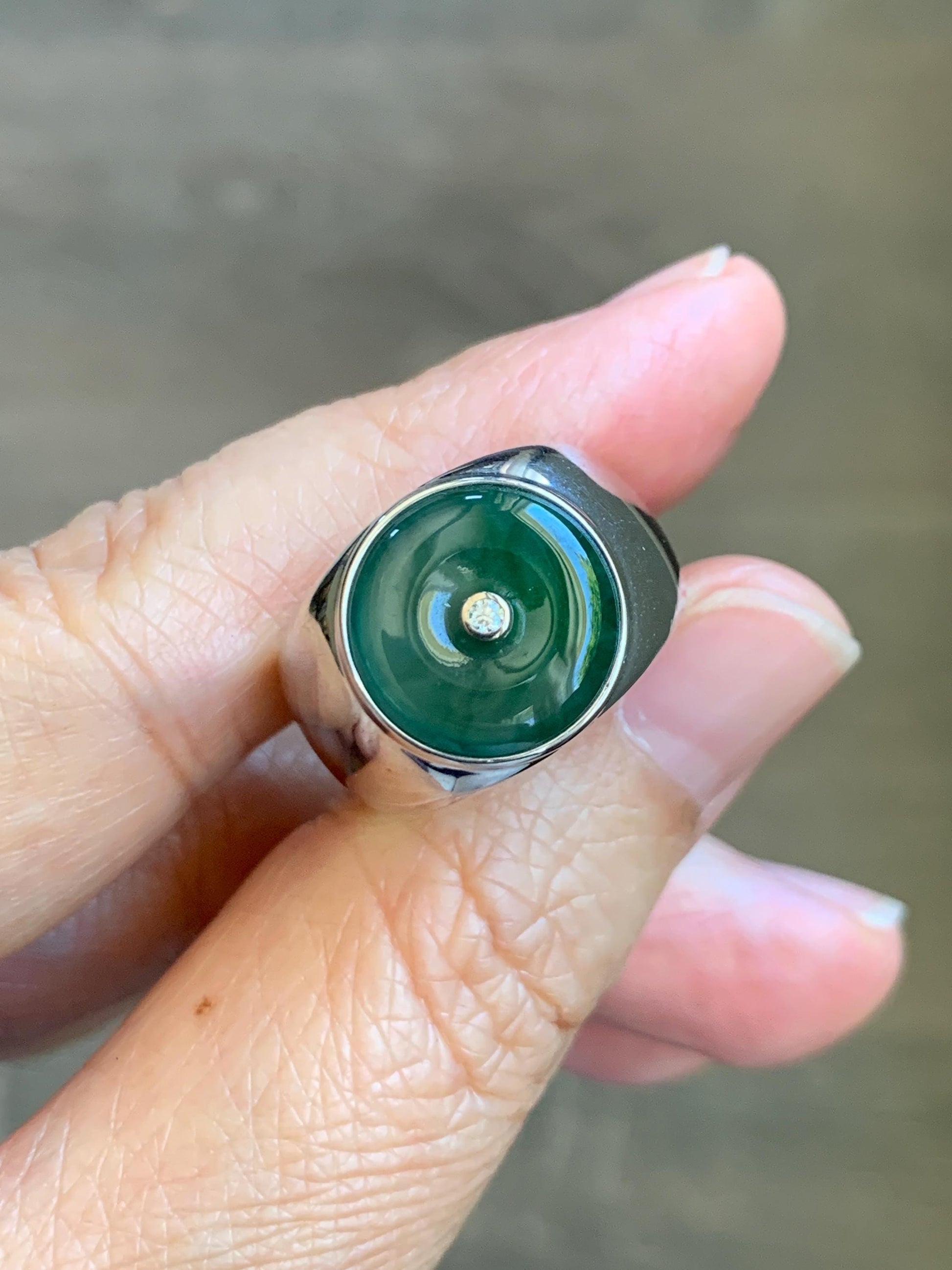 Certified Natural Grade A Icy Translucent Green Marbled Jade Jadeite Donut Ping An Kou Ring Sterling Silver Size 7.25 US 天然冰飘绿翡翠平安扣银镶戒指 237