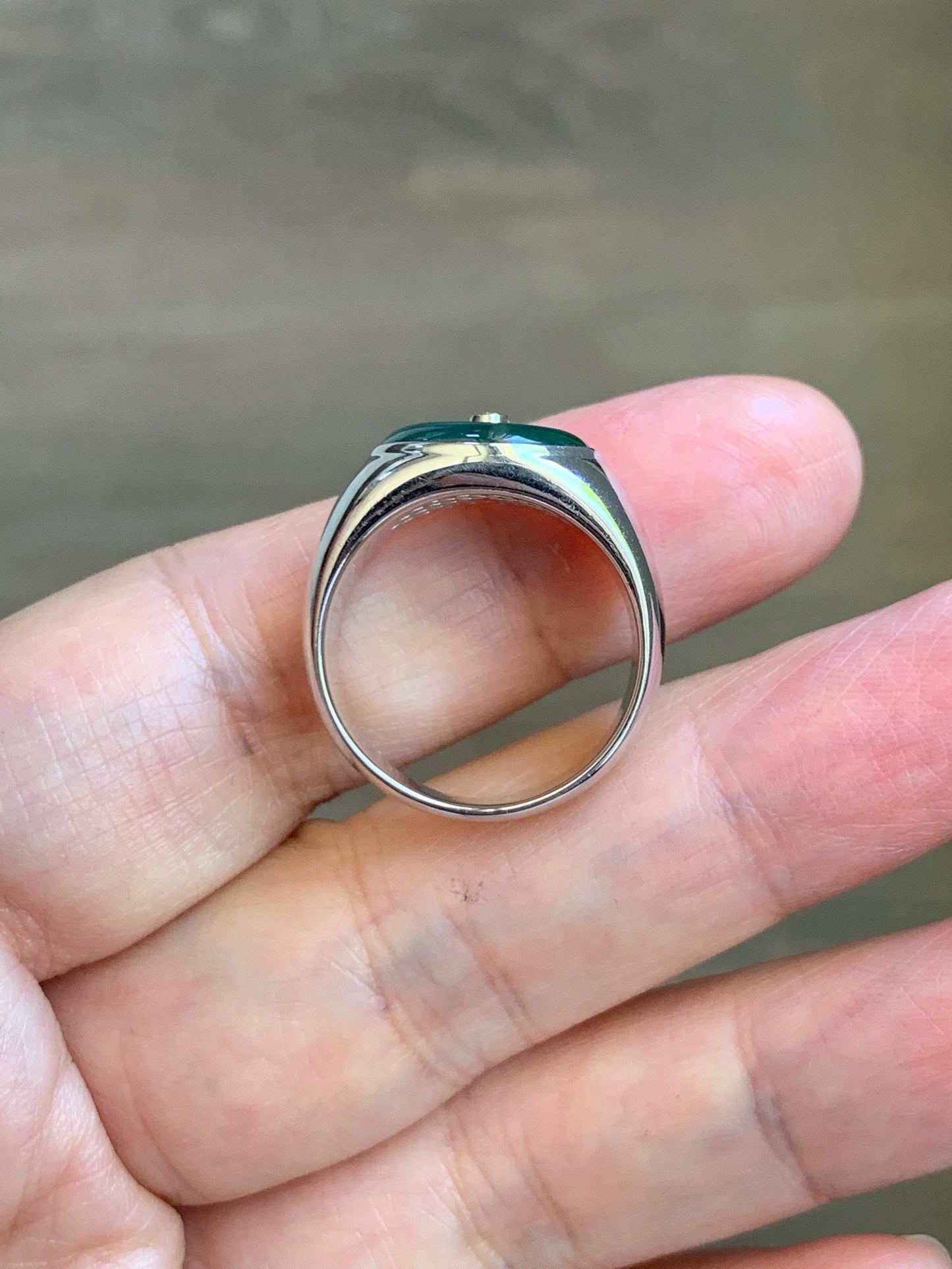Certified Natural Grade A Icy Translucent Green Marbled Jade Jadeite Donut Ping An Kou Ring Sterling Silver Size 7.25 US 天然冰飘绿翡翠平安扣银镶戒指 237