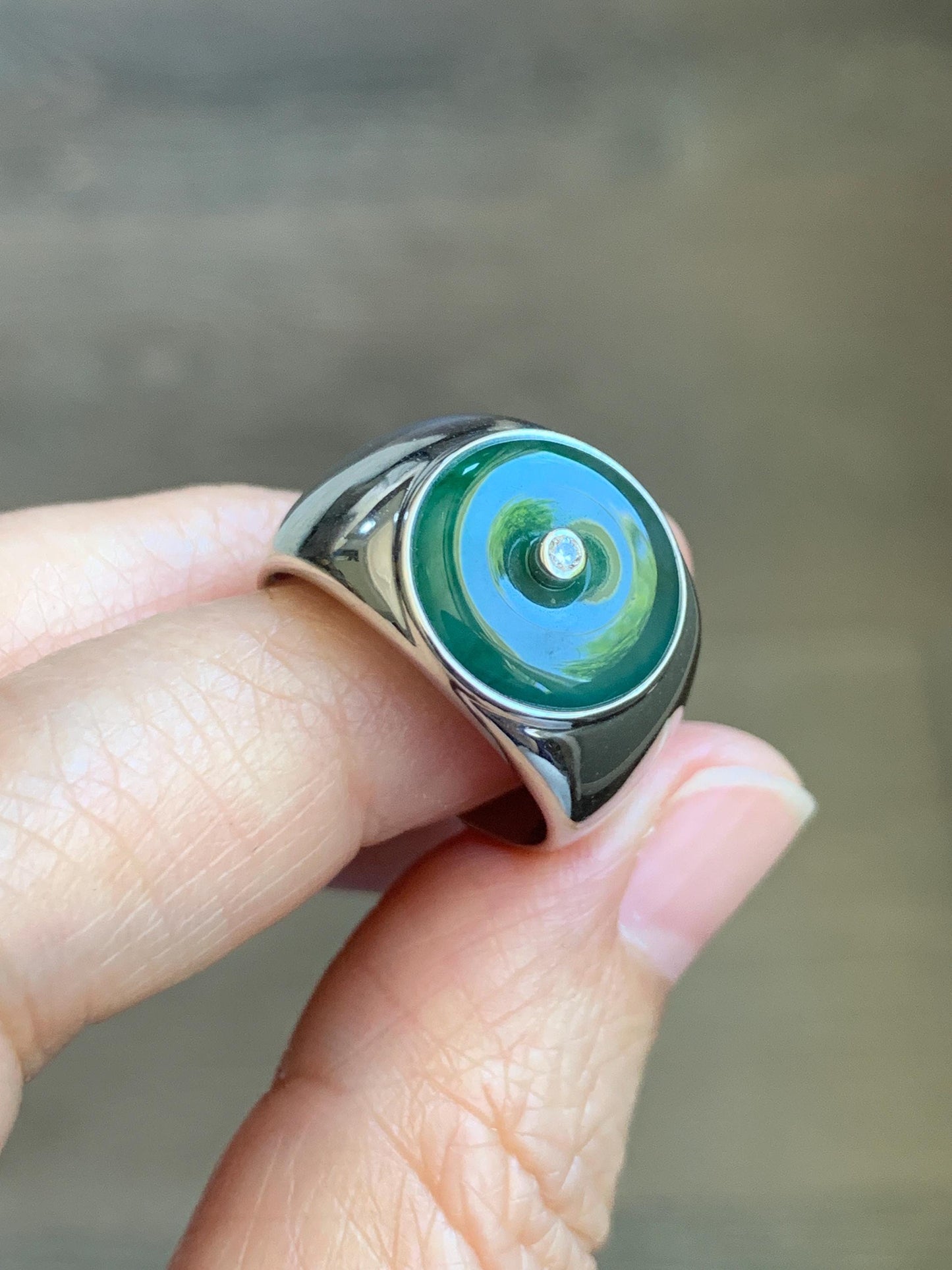 Certified Natural Grade A Icy Translucent Green Marbled Jade Jadeite Donut Ping An Kou Ring Sterling Silver Size 7.25 US 天然冰飘绿翡翠平安扣银镶戒指 237