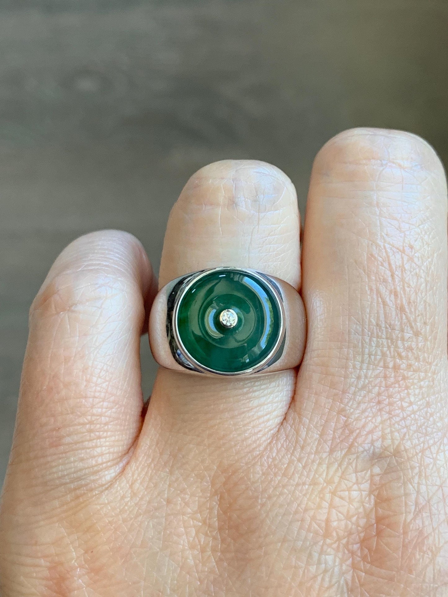 Certified Natural Grade A Icy Translucent Green Marbled Jade Jadeite Donut Ping An Kou Ring Sterling Silver Size 7.25 US 天然冰飘绿翡翠平安扣银镶戒指 237