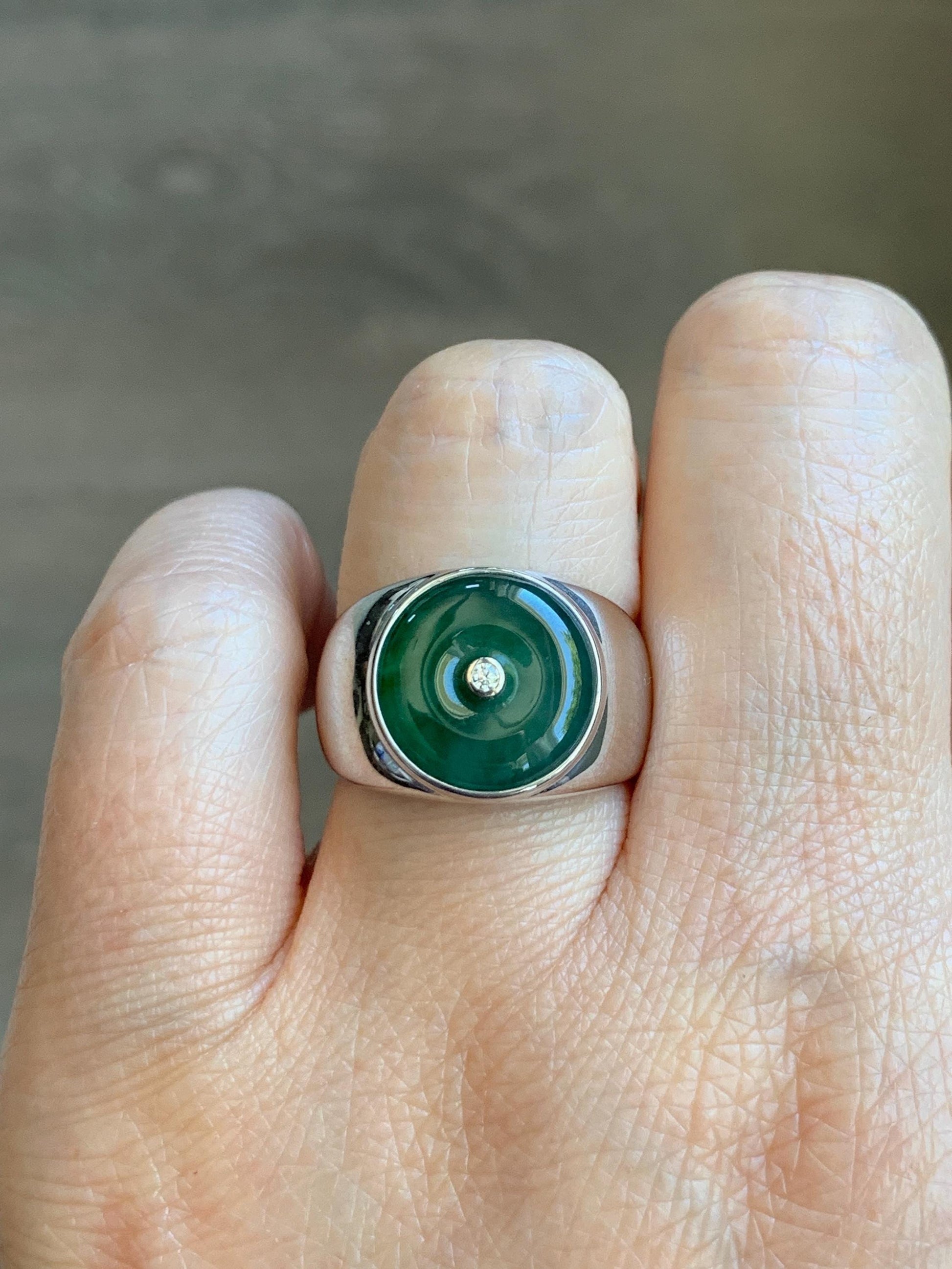 Certified Natural Grade A Icy Translucent Green Marbled Jade Jadeite Donut Ping An Kou Ring Sterling Silver Size 7.25 US 天然冰飘绿翡翠平安扣银镶戒指 237