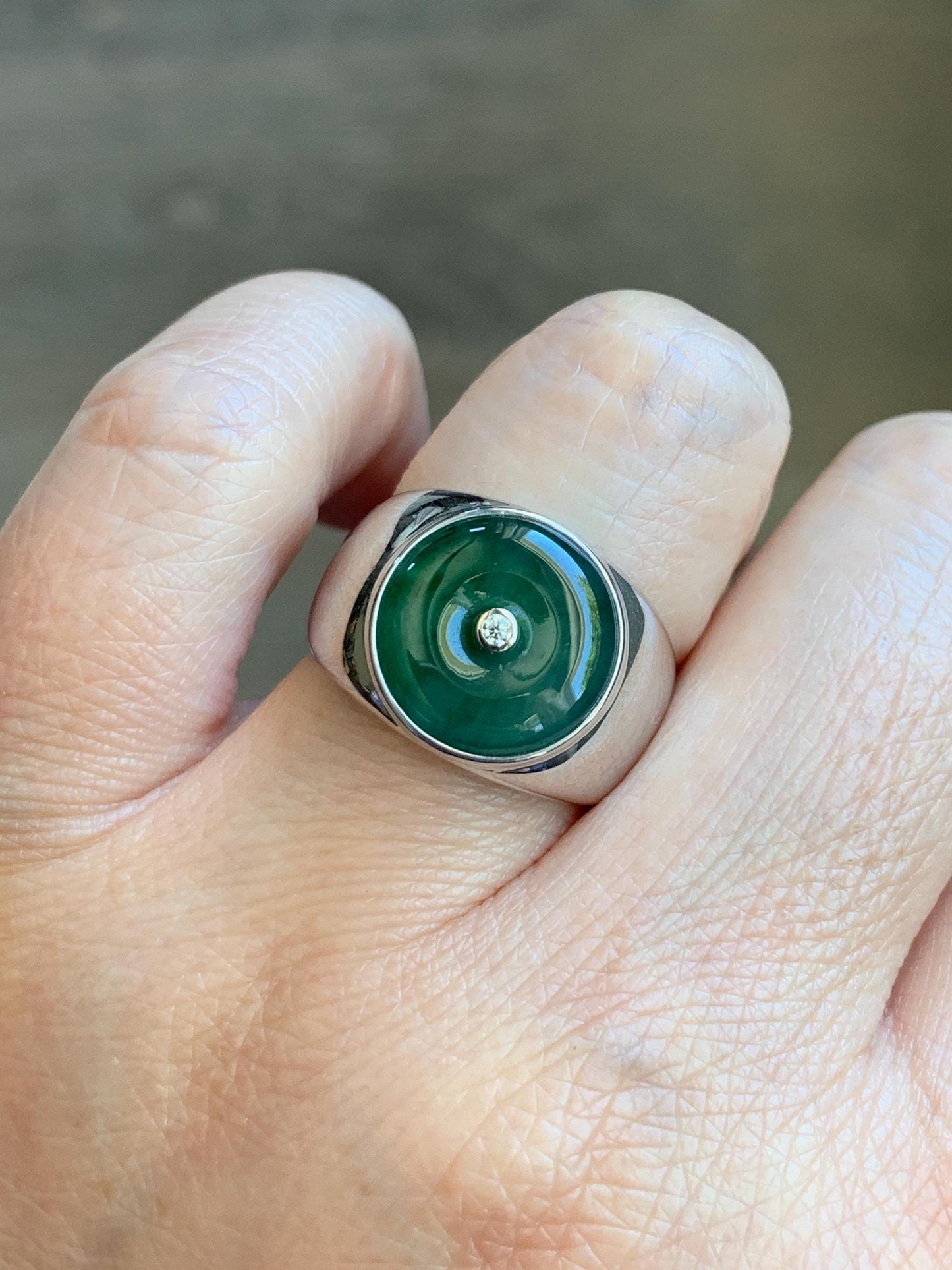 Certified Natural Grade A Icy Translucent Green Marbled Jade Jadeite Donut Ping An Kou Ring Sterling Silver Size 7.25 US 天然冰飘绿翡翠平安扣银镶戒指 237