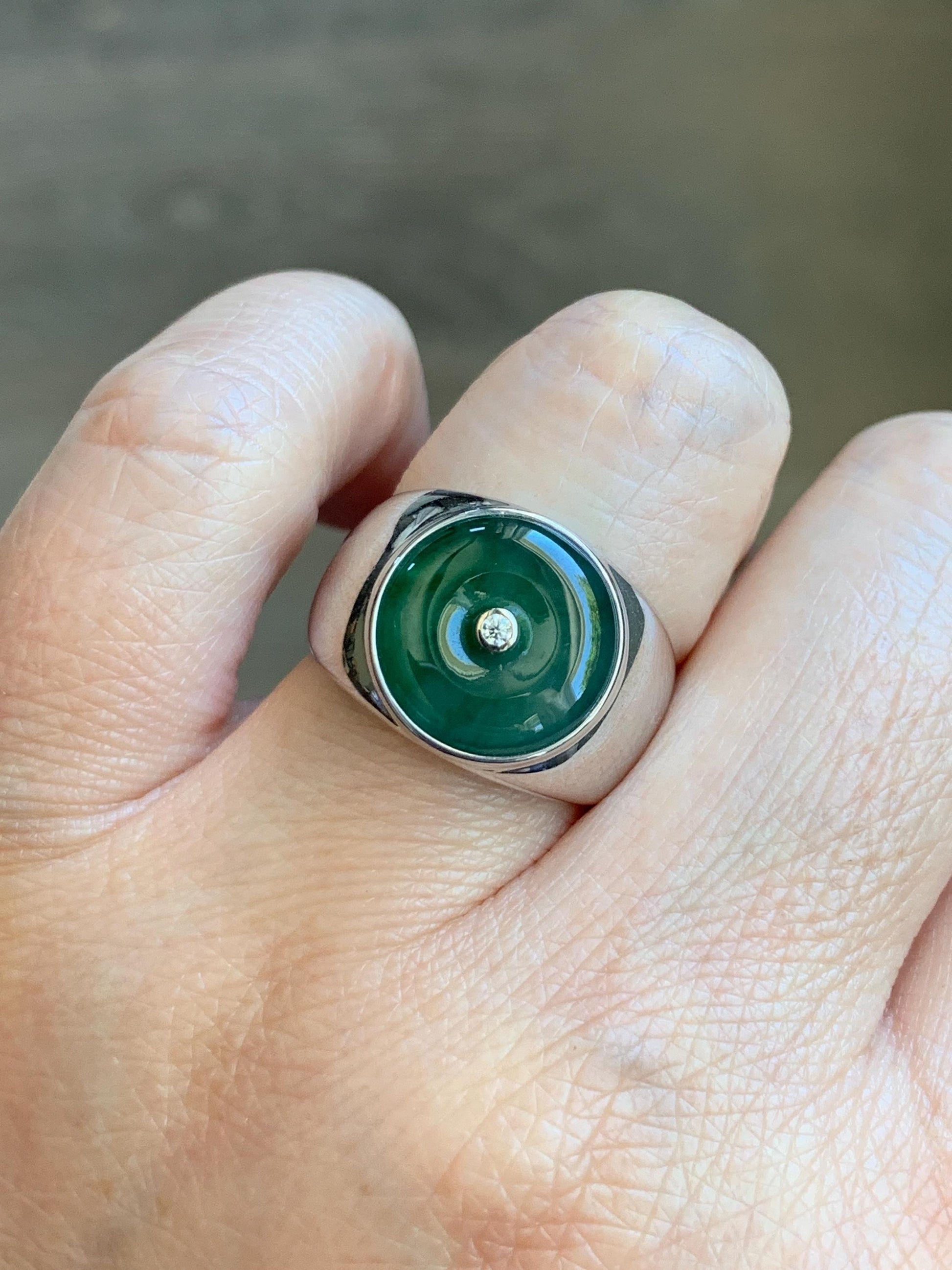 Certified Natural Grade A Icy Translucent Green Marbled Jade Jadeite Donut Ping An Kou Ring Sterling Silver Size 7.25 US 天然冰飘绿翡翠平安扣银镶戒指 237