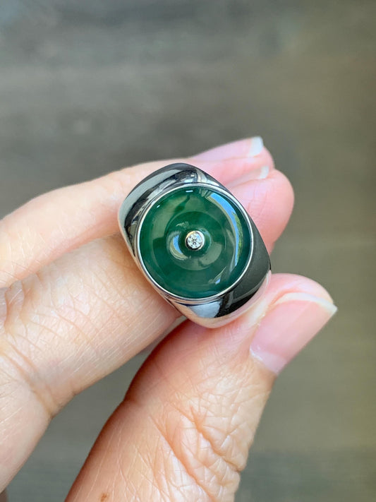 Certified Natural Grade A Icy Translucent Green Marbled Jade Jadeite Donut Ping An Kou Ring Sterling Silver Size 7.25 US 天然冰飘绿翡翠平安扣银镶戒指 237