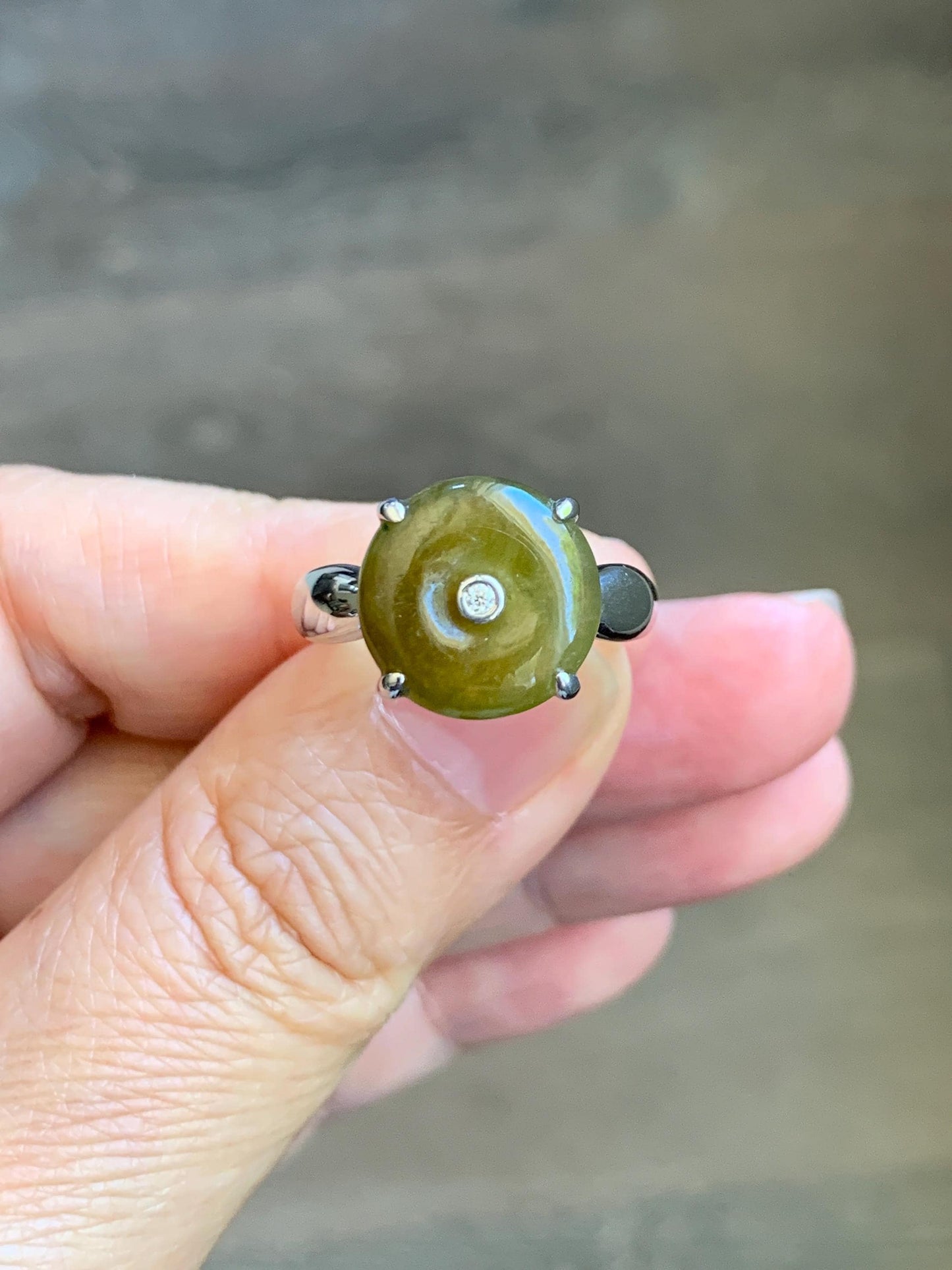 Certified Natural Grade A Icy Translucent Dark Yellow Jade Jadeite Donut Ping An Kou Ring Sterling Silver Size 7.25 US 天然冰深黄翡翠平安扣银镶戒指 236