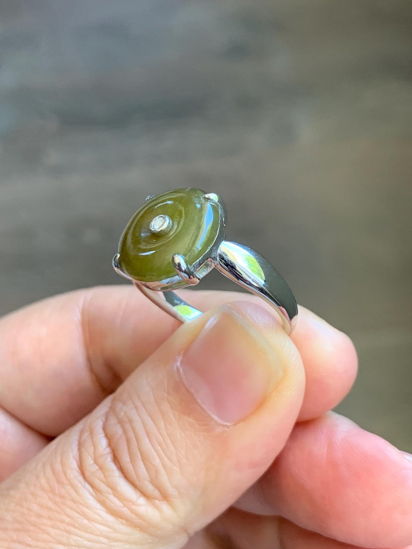 Certified Natural Grade A Icy Translucent Dark Yellow Jade Jadeite Donut Ping An Kou Ring Sterling Silver Size 7.25 US 天然冰深黄翡翠平安扣银镶戒指 236