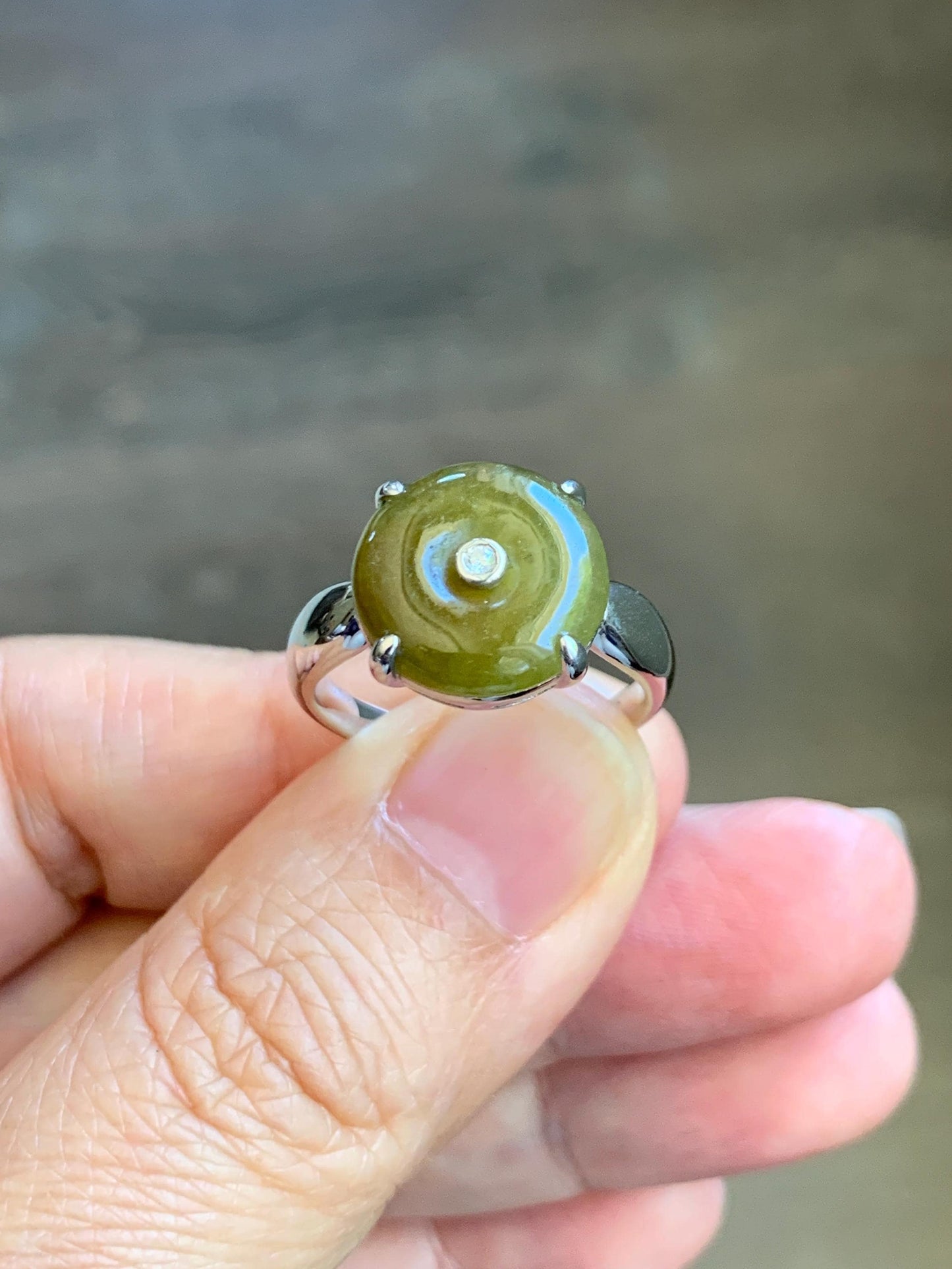 Certified Natural Grade A Icy Translucent Dark Yellow Jade Jadeite Donut Ping An Kou Ring Sterling Silver Size 7.25 US 天然冰深黄翡翠平安扣银镶戒指 236