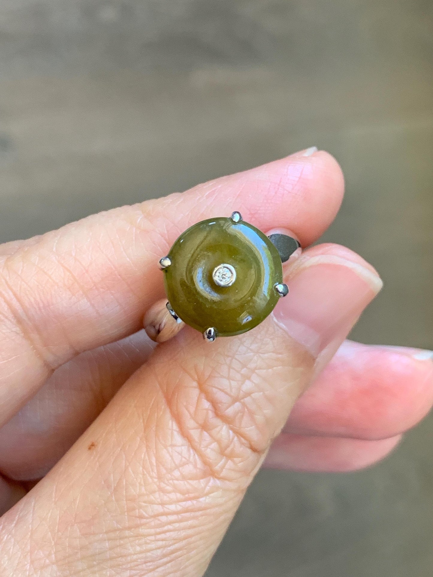Certified Natural Grade A Icy Translucent Dark Yellow Jade Jadeite Donut Ping An Kou Ring Sterling Silver Size 7.25 US 天然冰深黄翡翠平安扣银镶戒指 236