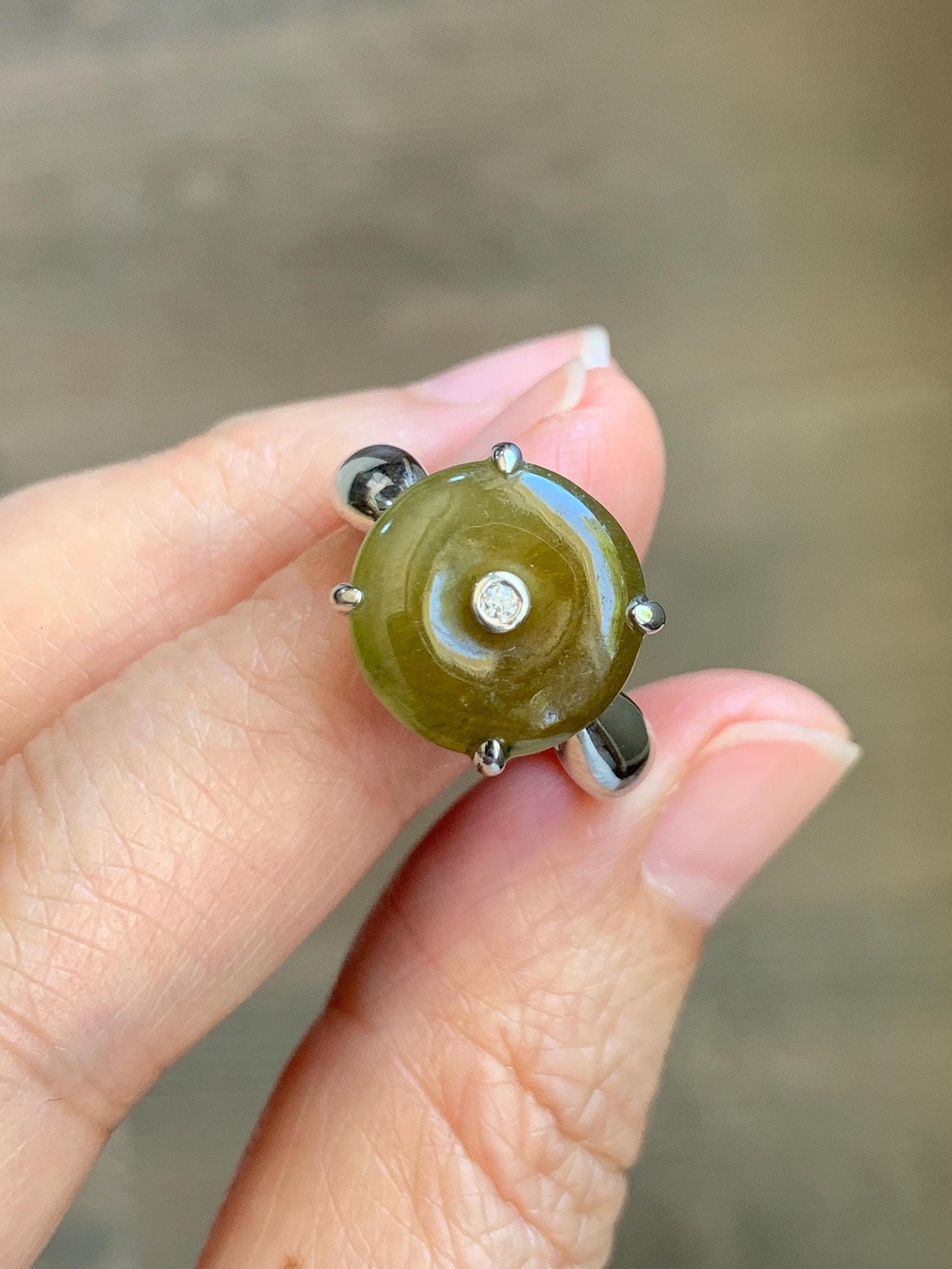 Certified Natural Grade A Icy Translucent Dark Yellow Jade Jadeite Donut Ping An Kou Ring Sterling Silver Size 7.25 US 天然冰深黄翡翠平安扣银镶戒指 236
