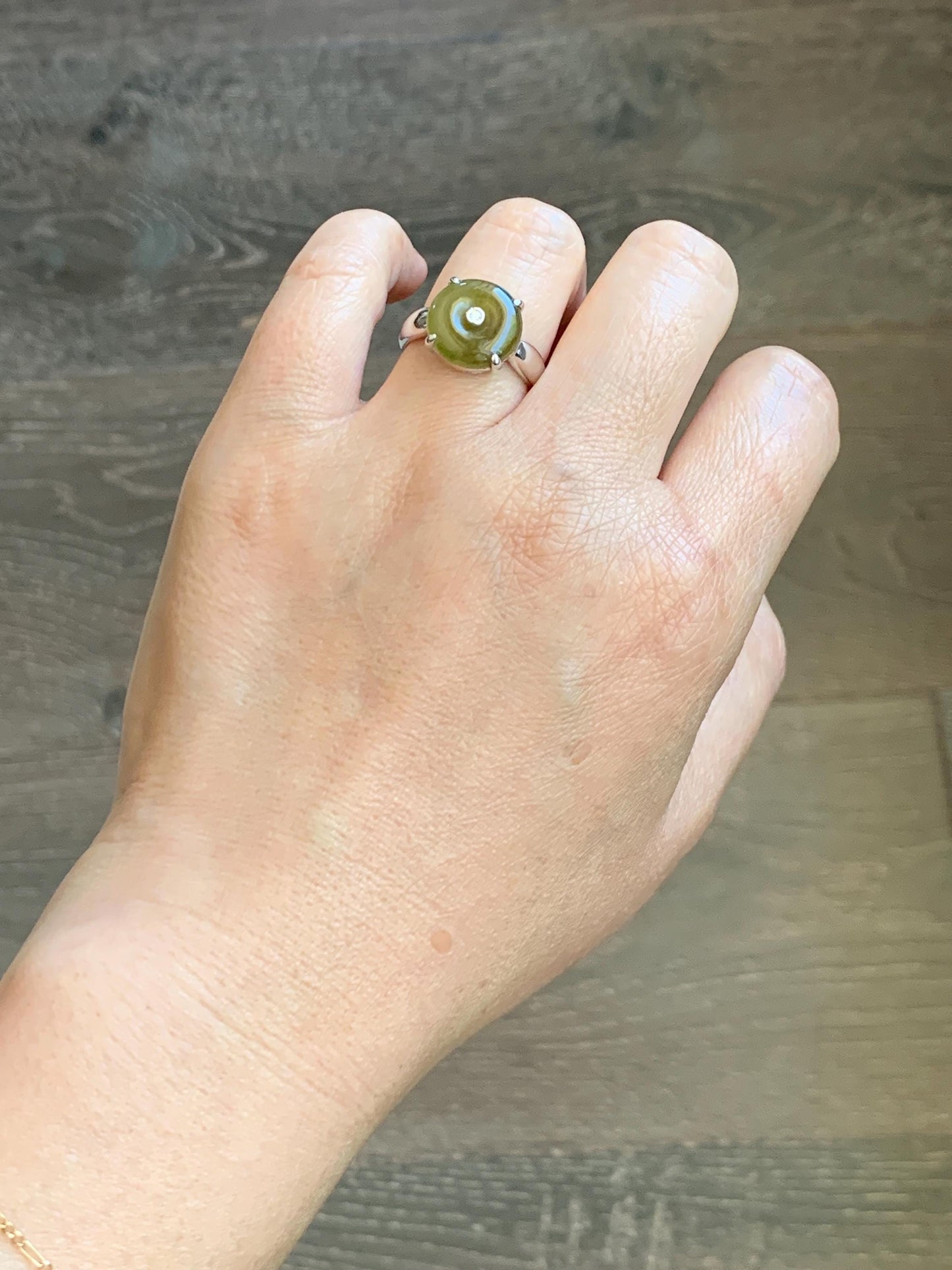 Certified Natural Grade A Icy Translucent Dark Yellow Jade Jadeite Donut Ping An Kou Ring Sterling Silver Size 7.25 US 天然冰深黄翡翠平安扣银镶戒指 236