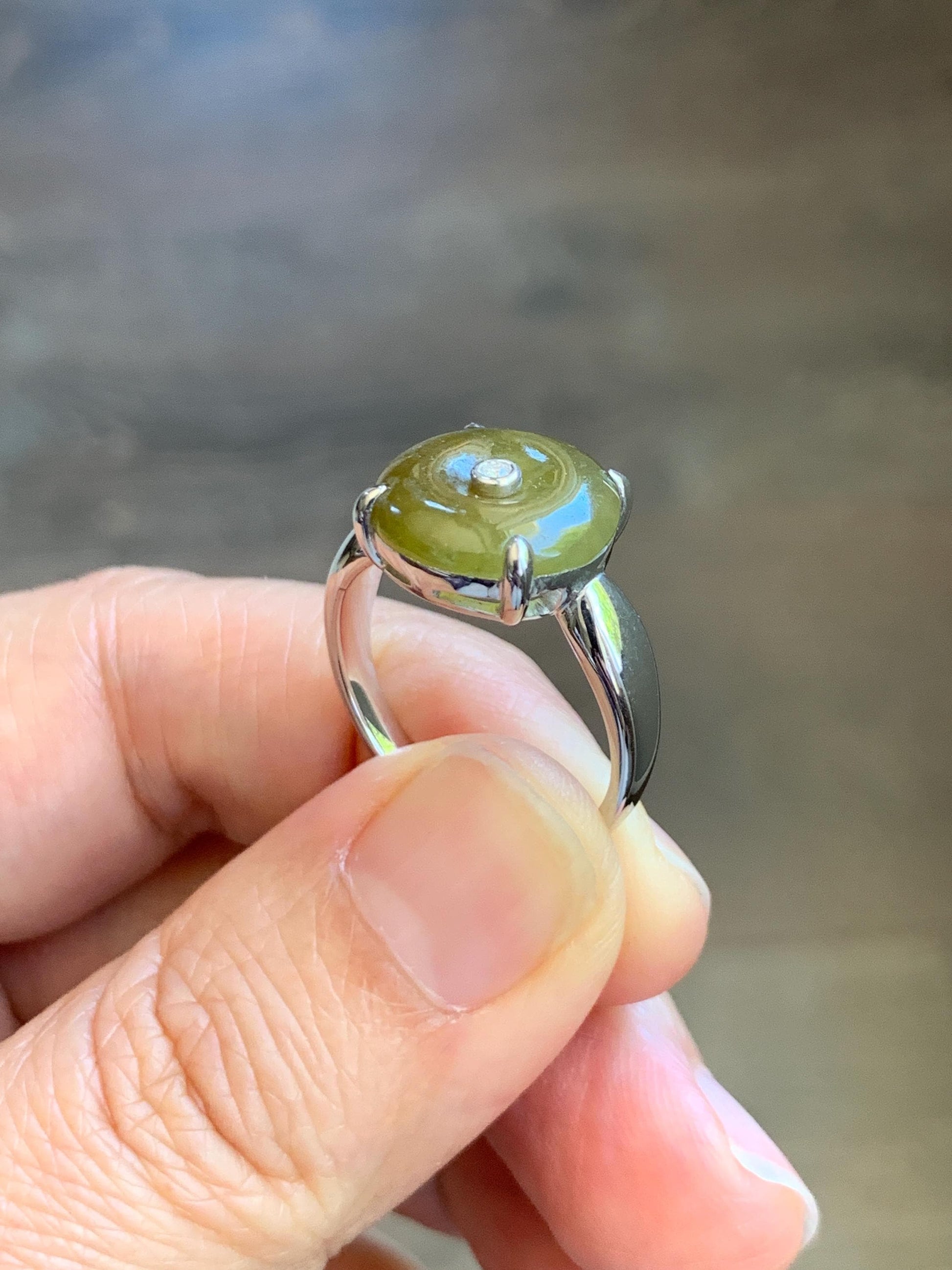 Certified Natural Grade A Icy Translucent Dark Yellow Jade Jadeite Donut Ping An Kou Ring Sterling Silver Size 7.25 US 天然冰深黄翡翠平安扣银镶戒指 236