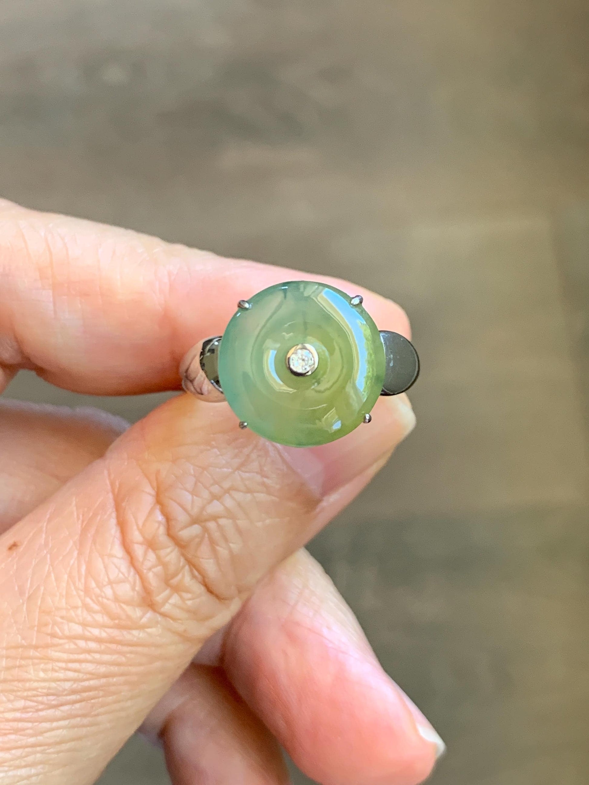 Certified Natural Grade A Guatemalan Icy Light Yellow Jade Jadeite Donut Ping An Kou Ring Sterling Silver Size 7.25 US 天然冰危浅黄蓝翡翠平安扣银镶戒指 235