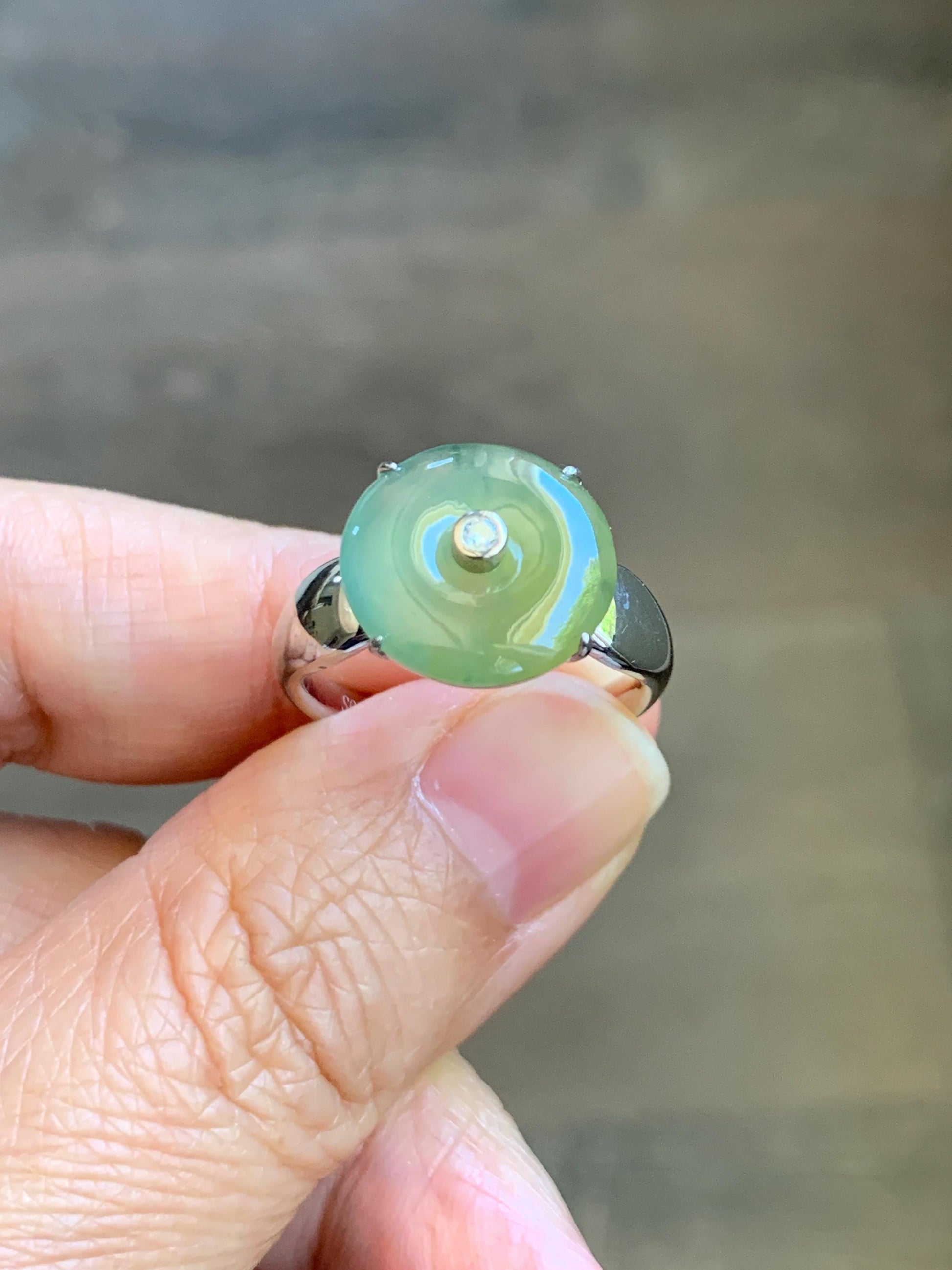 Certified Natural Grade A Guatemalan Icy Light Yellow Jade Jadeite Donut Ping An Kou Ring Sterling Silver Size 7.25 US 天然冰危浅黄蓝翡翠平安扣银镶戒指 235