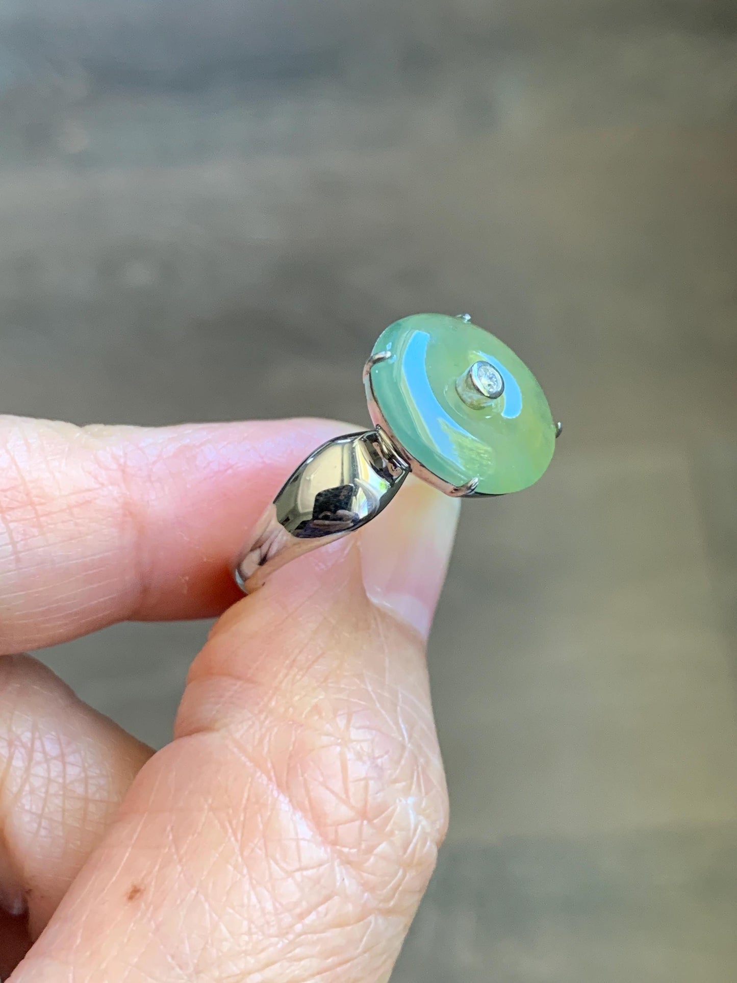 Certified Natural Grade A Guatemalan Icy Light Yellow Jade Jadeite Donut Ping An Kou Ring Sterling Silver Size 7.25 US 天然冰危浅黄蓝翡翠平安扣银镶戒指 235