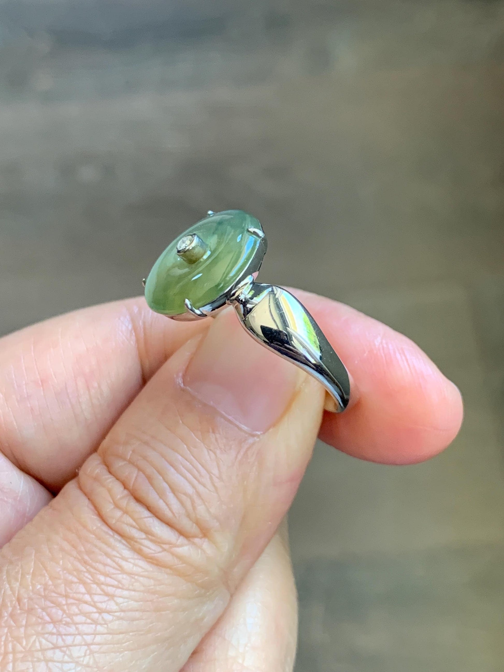 Certified Natural Grade A Guatemalan Icy Light Yellow Jade Jadeite Donut Ping An Kou Ring Sterling Silver Size 7.25 US 天然冰危浅黄蓝翡翠平安扣银镶戒指 235