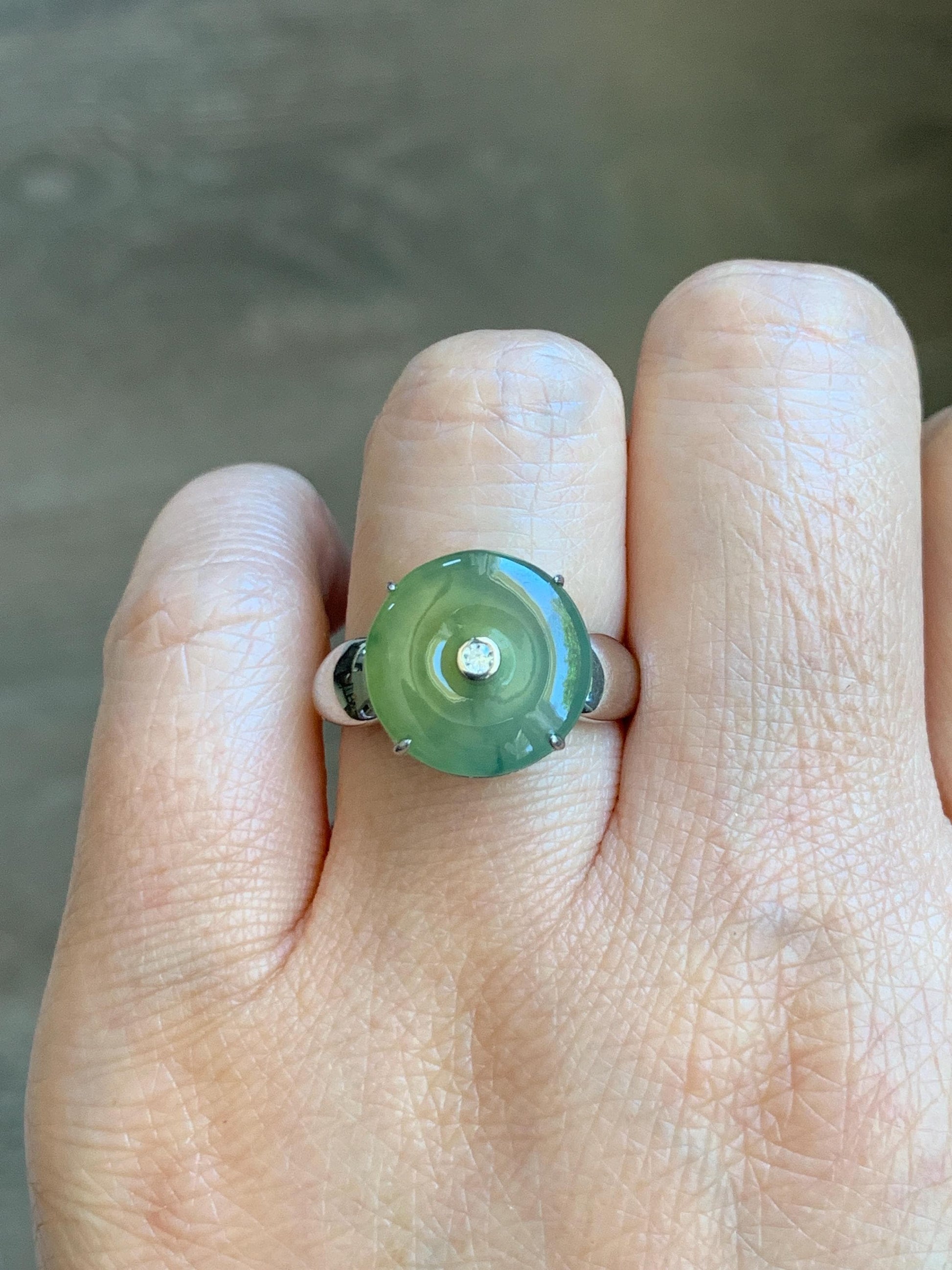 Certified Natural Grade A Guatemalan Icy Light Yellow Jade Jadeite Donut Ping An Kou Ring Sterling Silver Size 7.25 US 天然冰危浅黄蓝翡翠平安扣银镶戒指 235