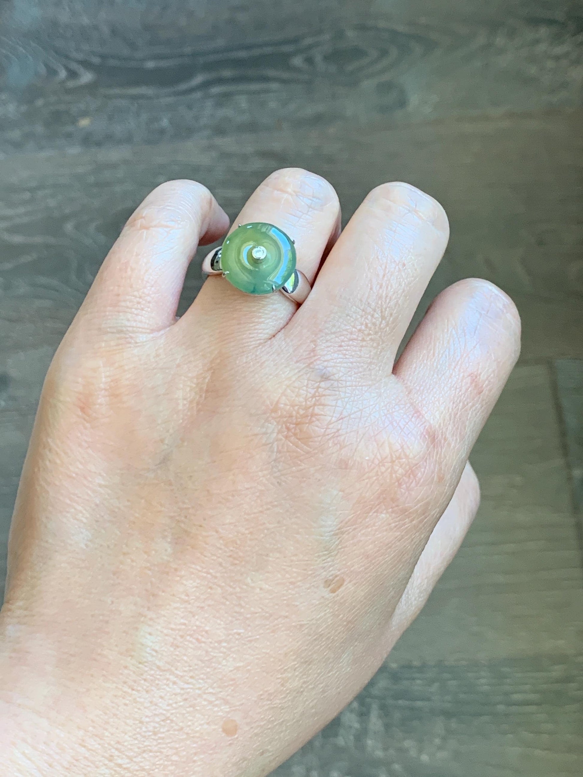 Certified Natural Grade A Guatemalan Icy Light Yellow Jade Jadeite Donut Ping An Kou Ring Sterling Silver Size 7.25 US 天然冰危浅黄蓝翡翠平安扣银镶戒指 235