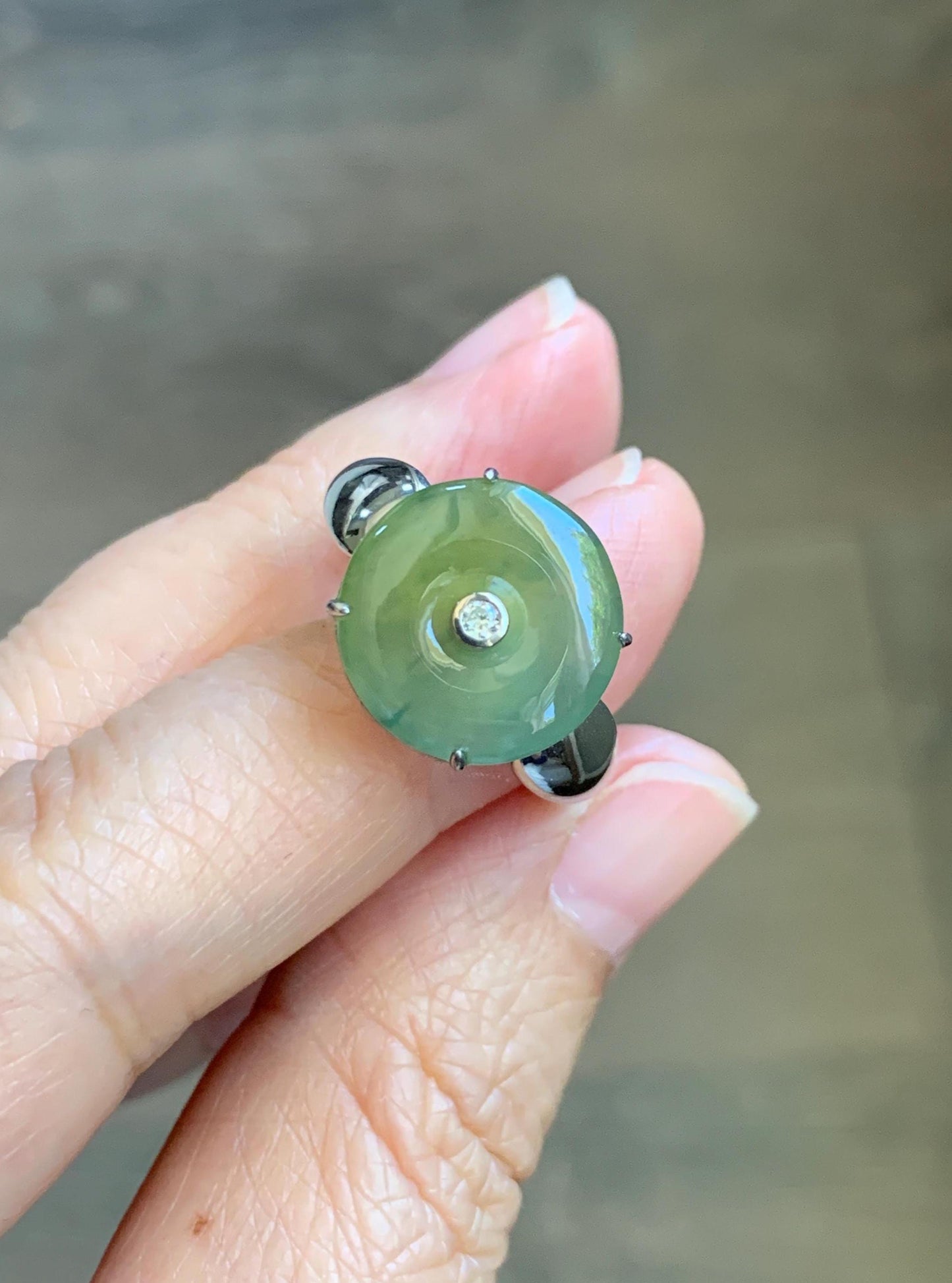 Certified Natural Grade A Guatemalan Icy Light Yellow Jade Jadeite Donut Ping An Kou Ring Sterling Silver Size 7.25 US 天然冰危浅黄蓝翡翠平安扣银镶戒指 235