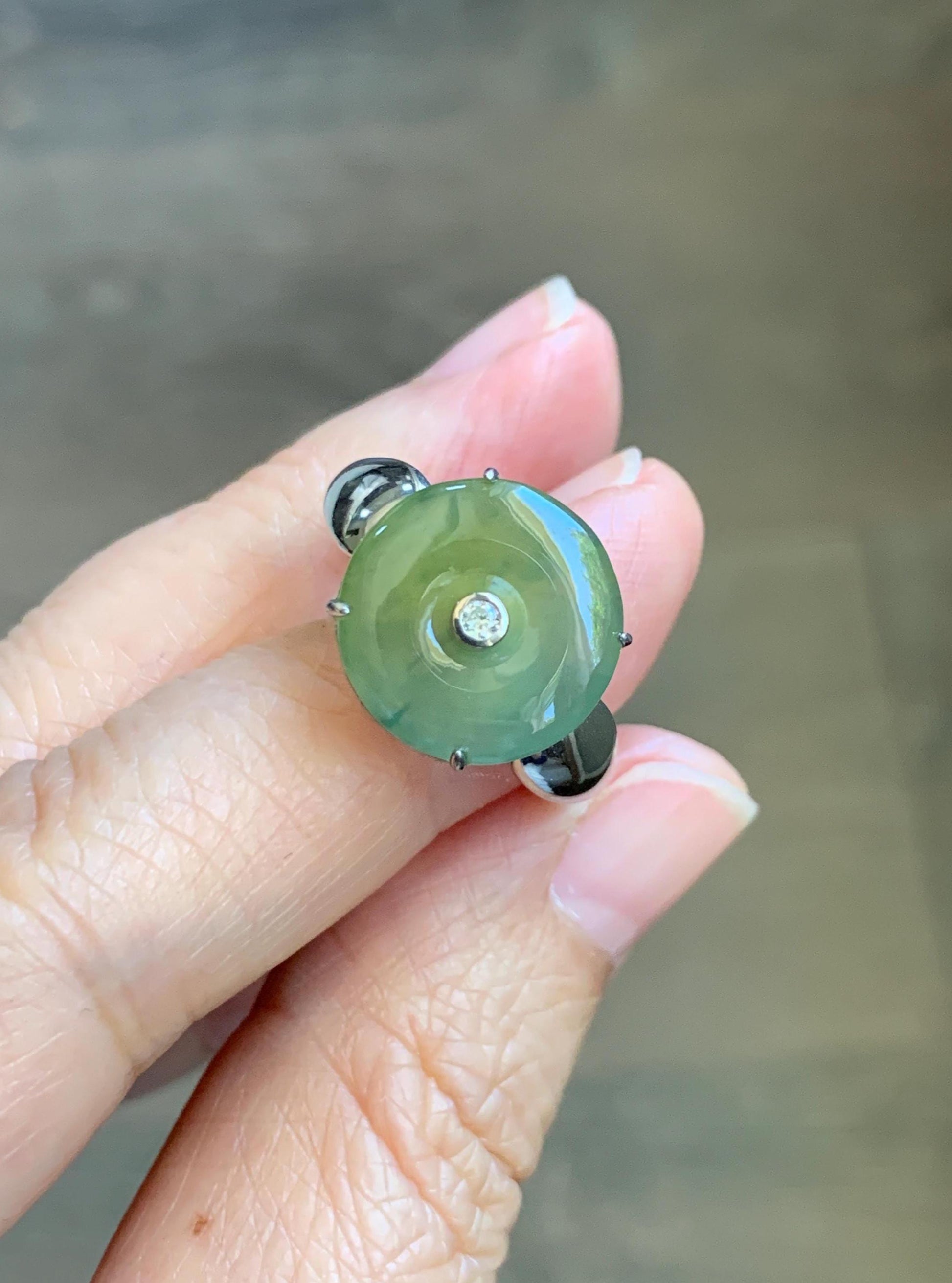 Certified Natural Grade A Guatemalan Icy Light Yellow Jade Jadeite Donut Ping An Kou Ring Sterling Silver Size 7.25 US 天然冰危浅黄蓝翡翠平安扣银镶戒指 235
